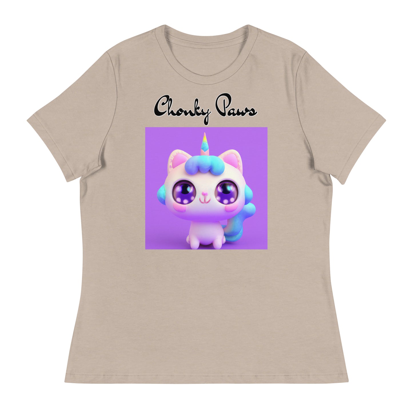 Women's T-Shirt with Happy Unicorn Kitten with a text "Chonky Paws" at $25.97 found at Personalizedpetlovergifts