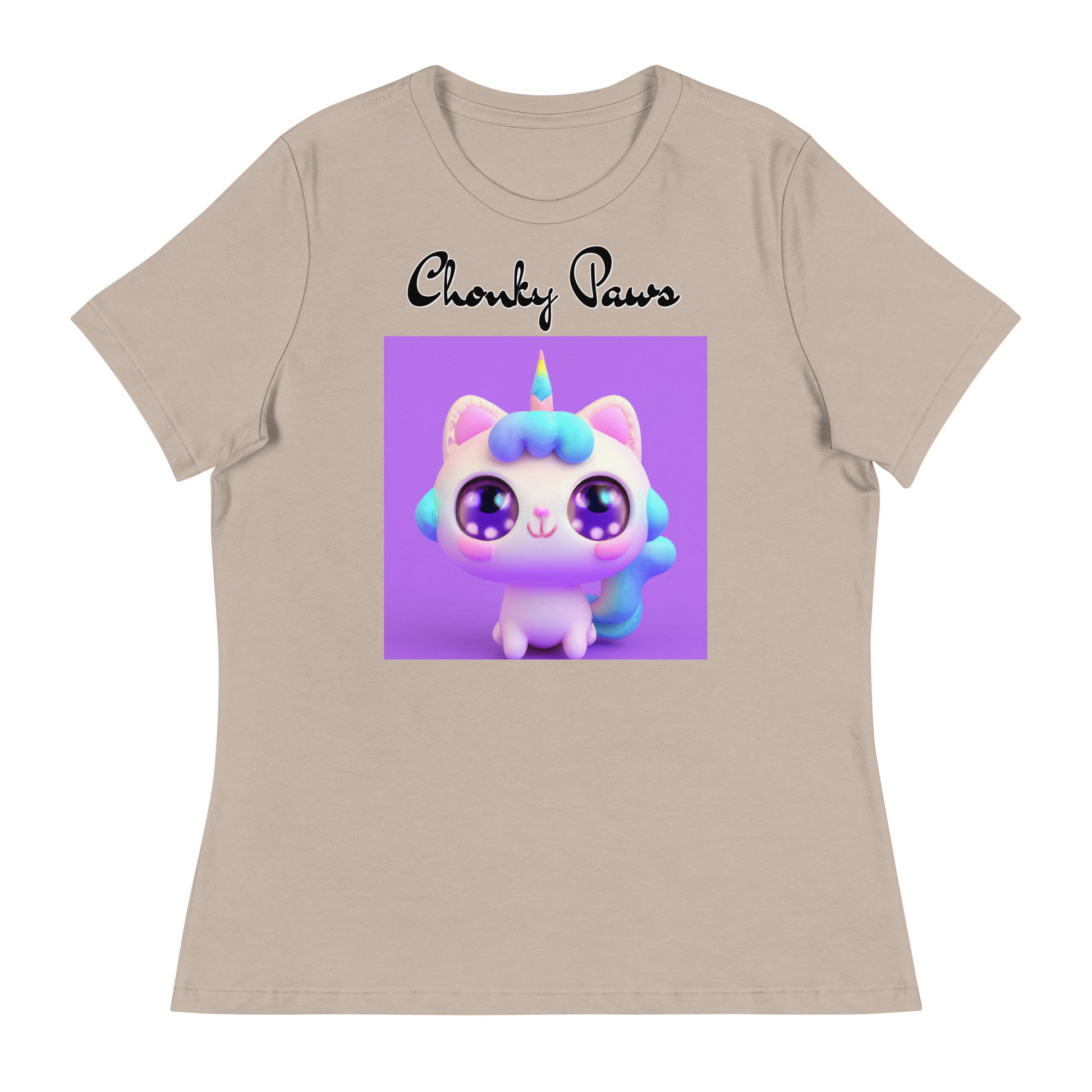 Women's T-Shirt with Happy Unicorn Kitten with a text "Chonky Paws" at $25.97 found at Personalizedpetlovergifts