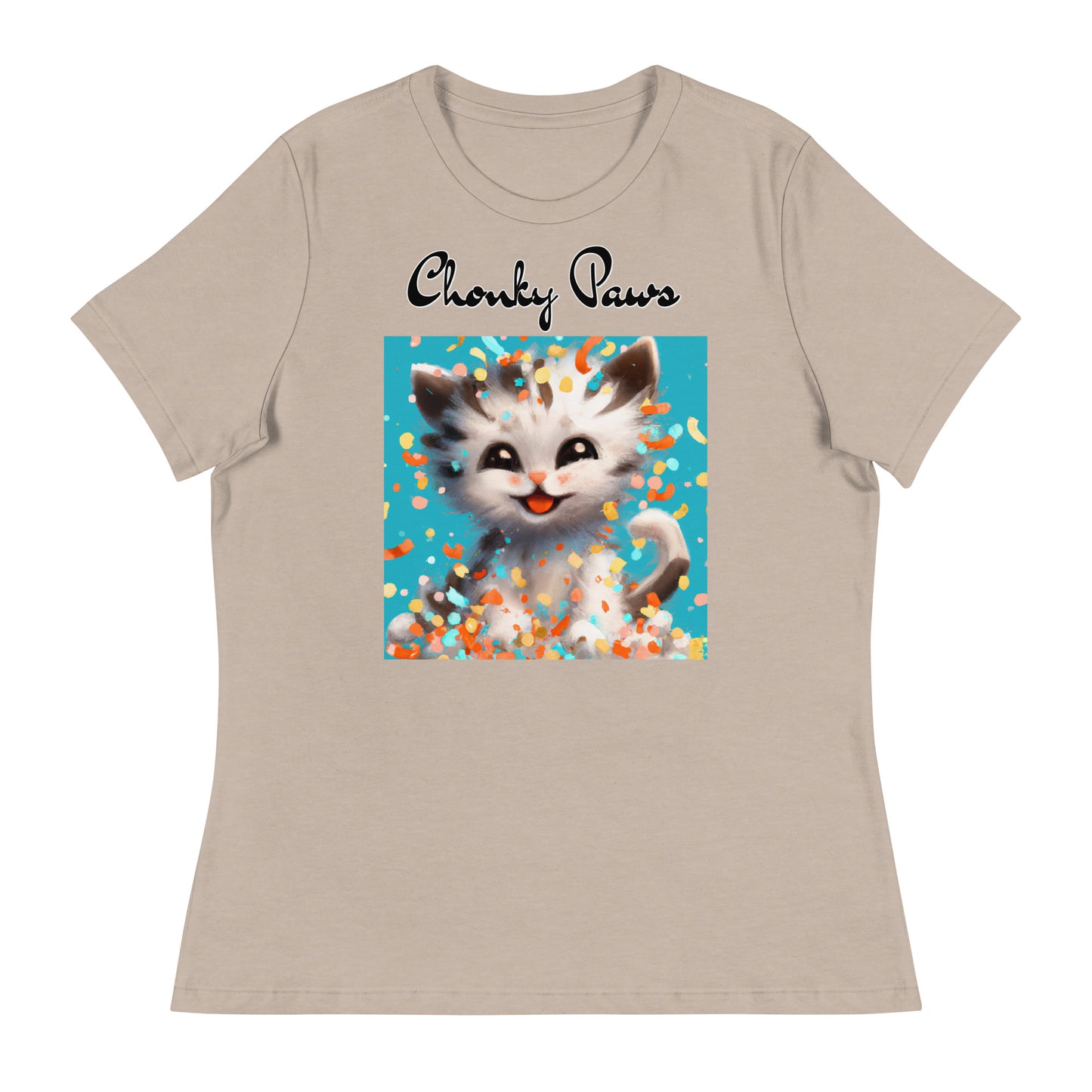 Women's T-Shirt with Happy Kitten With Confetti with a text "Chonky Paws" at $25.97 found at Personalizedpetlovergifts