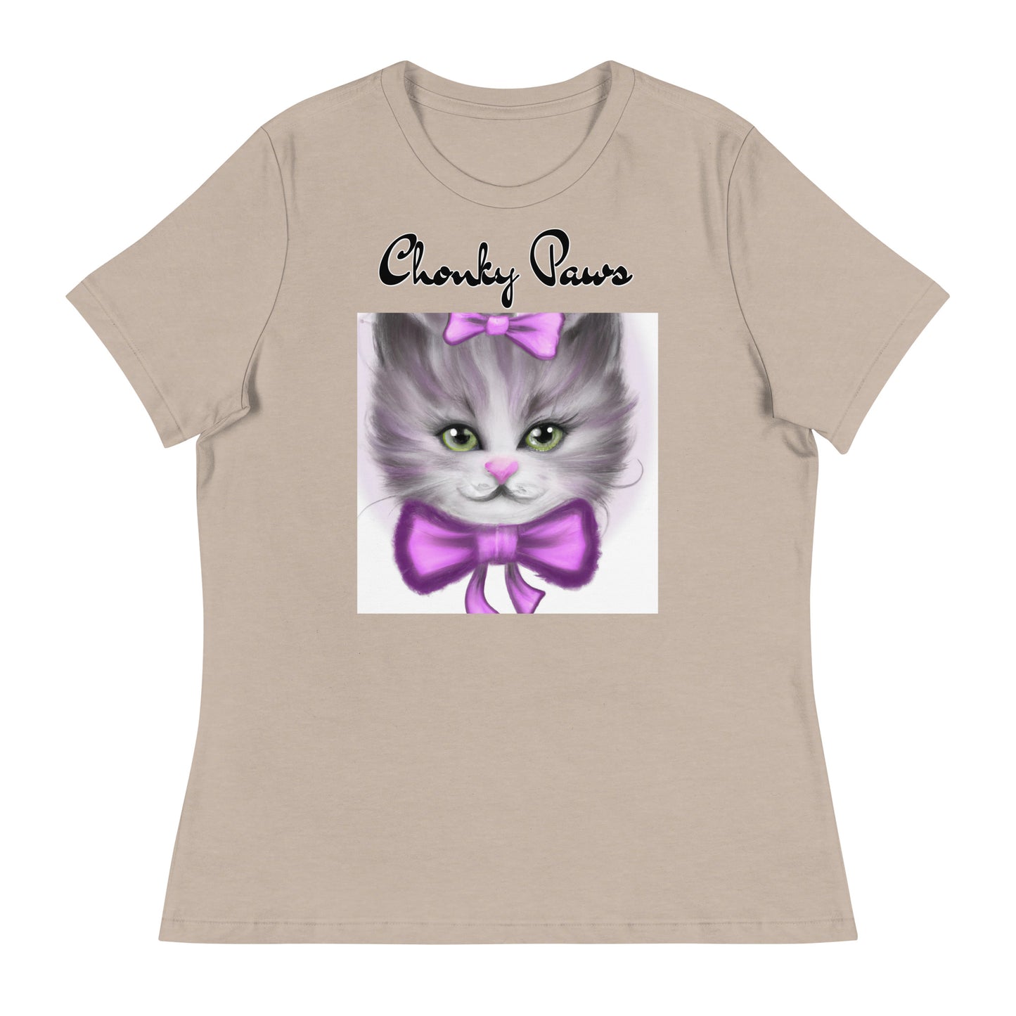 Women's T-Shirt with Happy Kitten With a Purple Bow with a text "Chonky Paws" at $25.97 found at Personalizedpetlovergifts