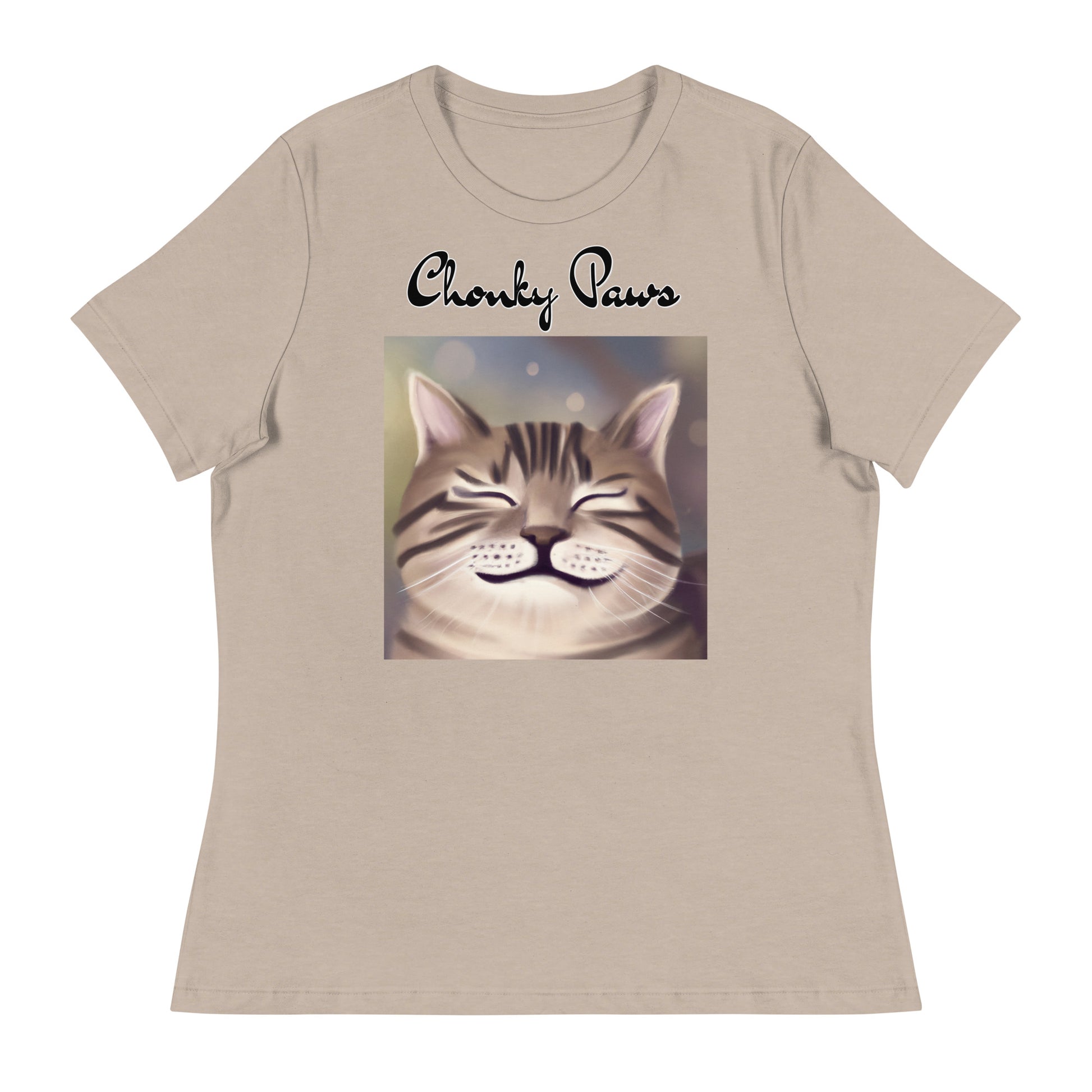 Women's T-Shirt with Happy Cat Purring with a text "Chonky Paws" at $25.97 found at Personalizedpetlovergifts