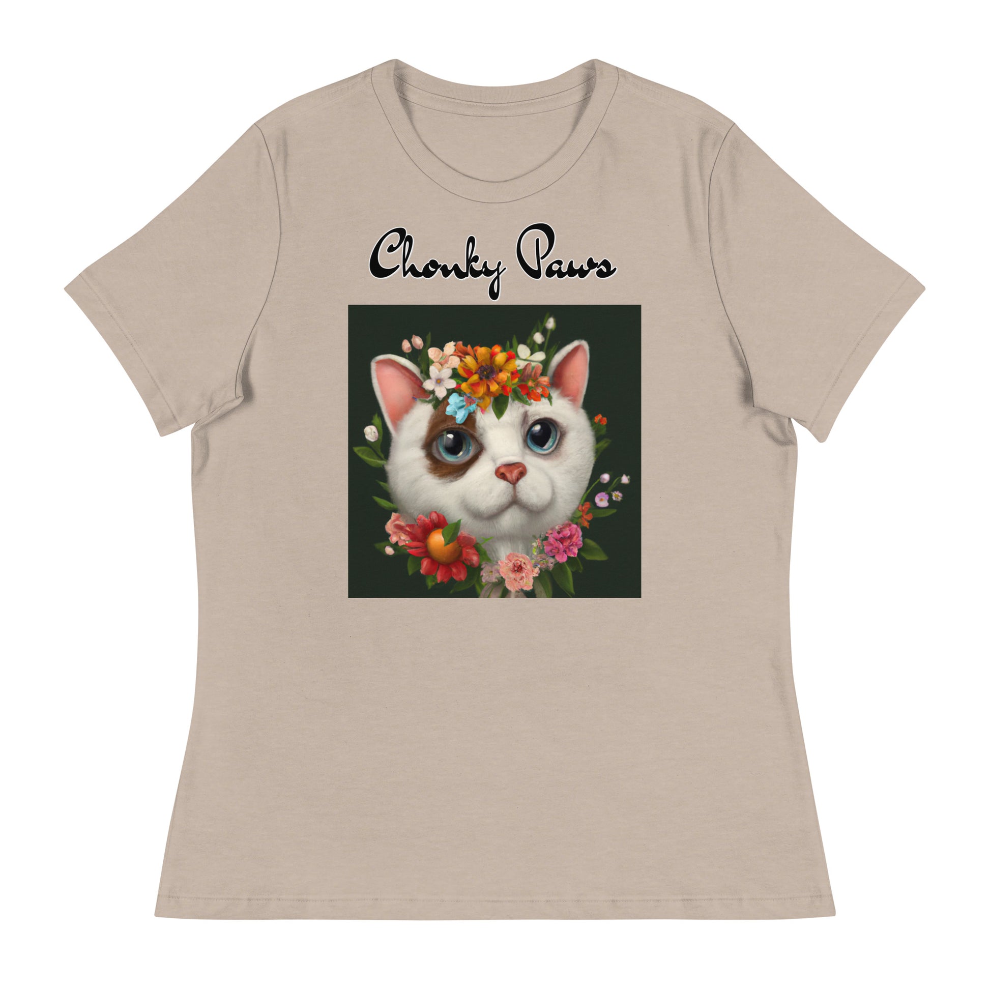 Women's T-Shirt with Happy Cat Portrait With Flowers with a text "Chonky Paws" at $25.97 found at Personalizedpetlovergifts