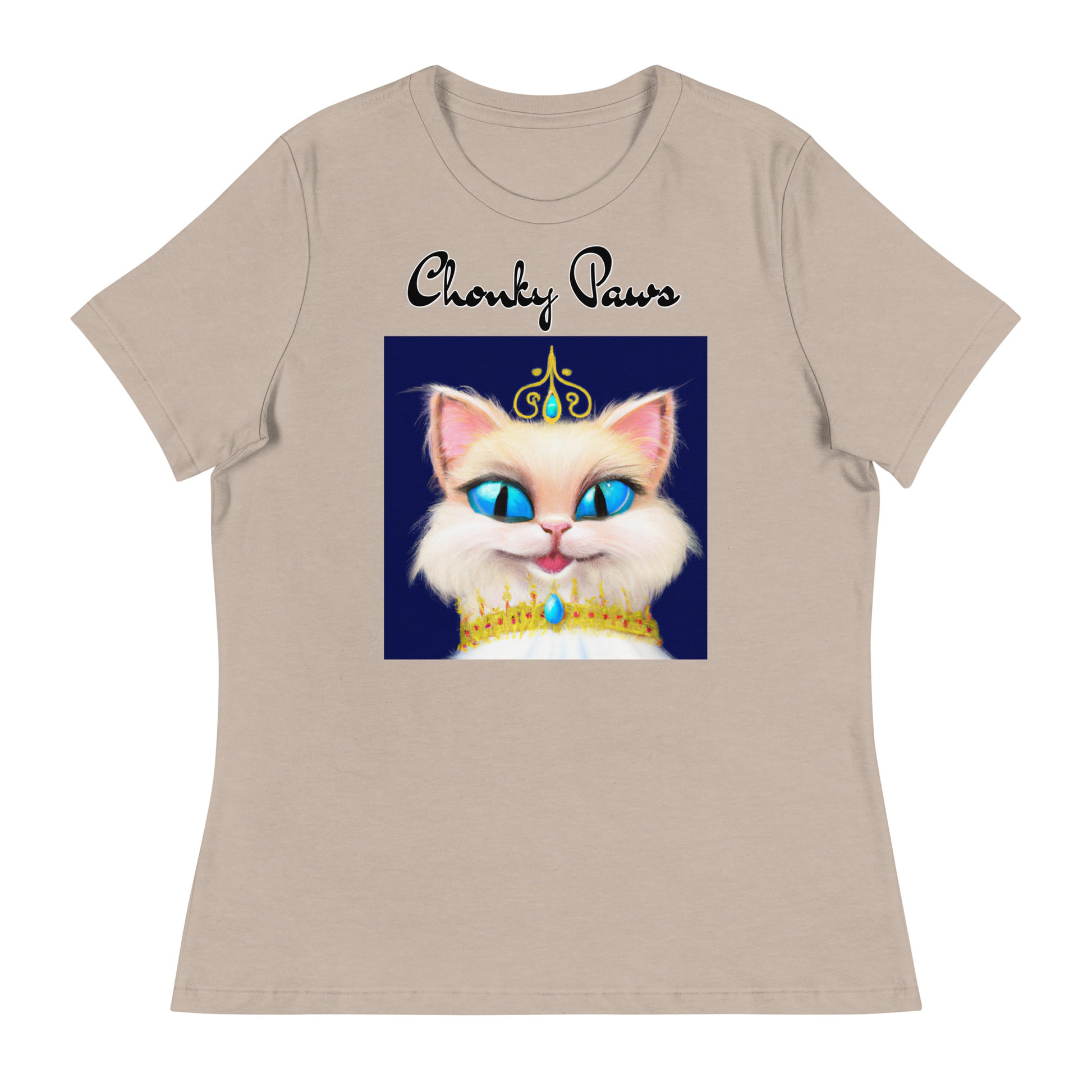 Women's T-Shirt with Happy Blue Eyed Kitten Princess with a text "Chonky Paws" at $25.97 found at Personalizedpetlovergifts