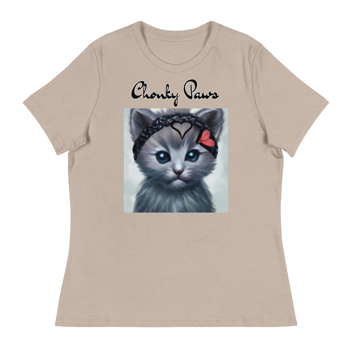 Women's T-Shirt with Grey Kitten With a Headband with a text "Chonky Paws" at $25.97 found at Personalizedpetlovergifts