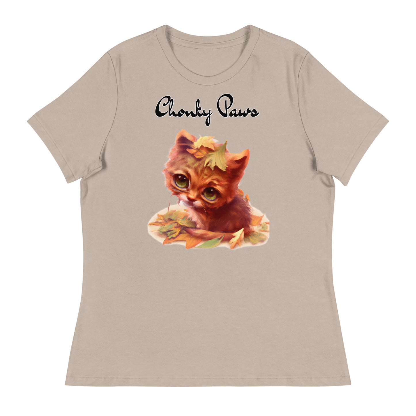 Women's T-Shirt with Ginger Cat With Autumn Leaves with a text "Chonky Paws" at $25.97 found at Personalizedpetlovergifts