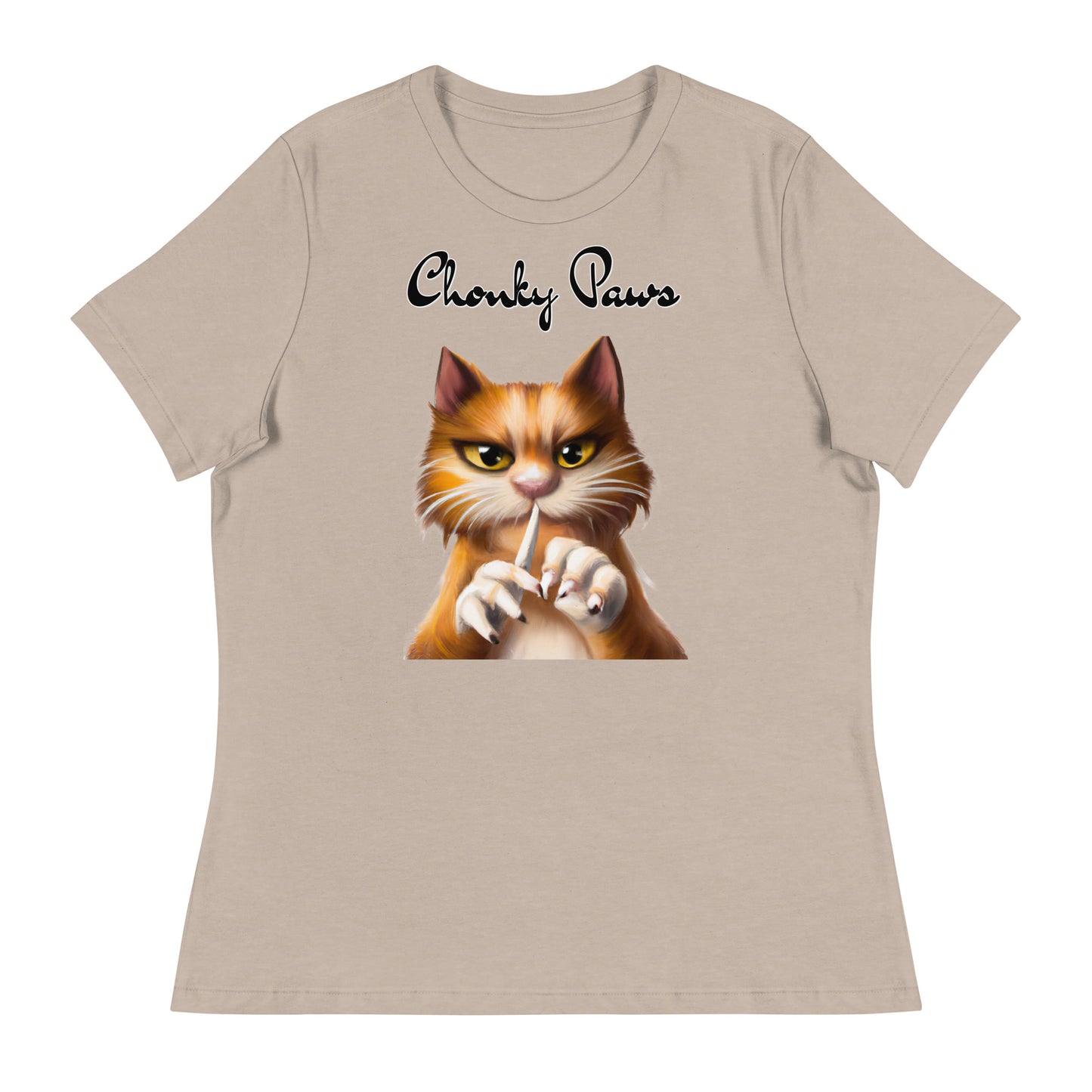 Women's T-Shirt with Ginger Cat Filing Its Nails with a text "Chonky Paws" at $25.97 found at Personalizedpetlovergifts