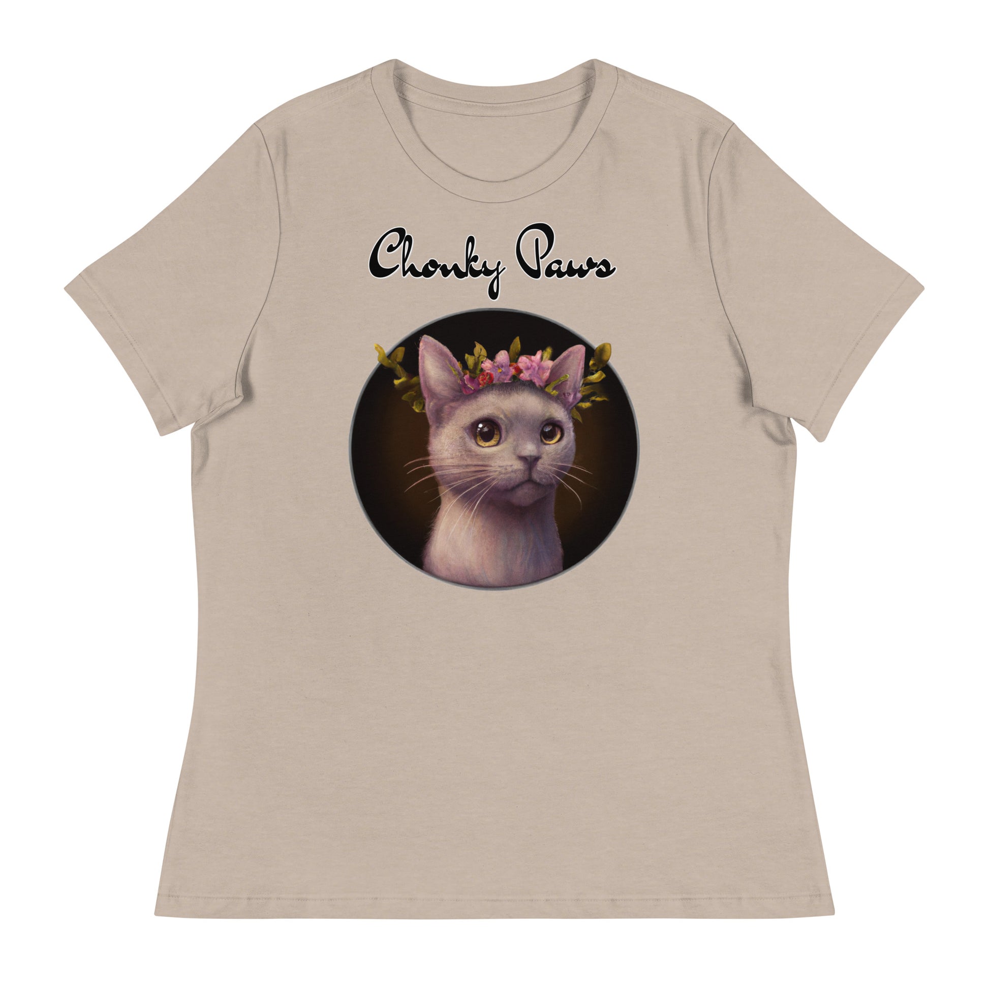 Women's T-Shirt with Gentle Cat With Pink Floral Headpiece with a text "Chonky Paws" at $25.97 found at Personalizedpetlovergifts