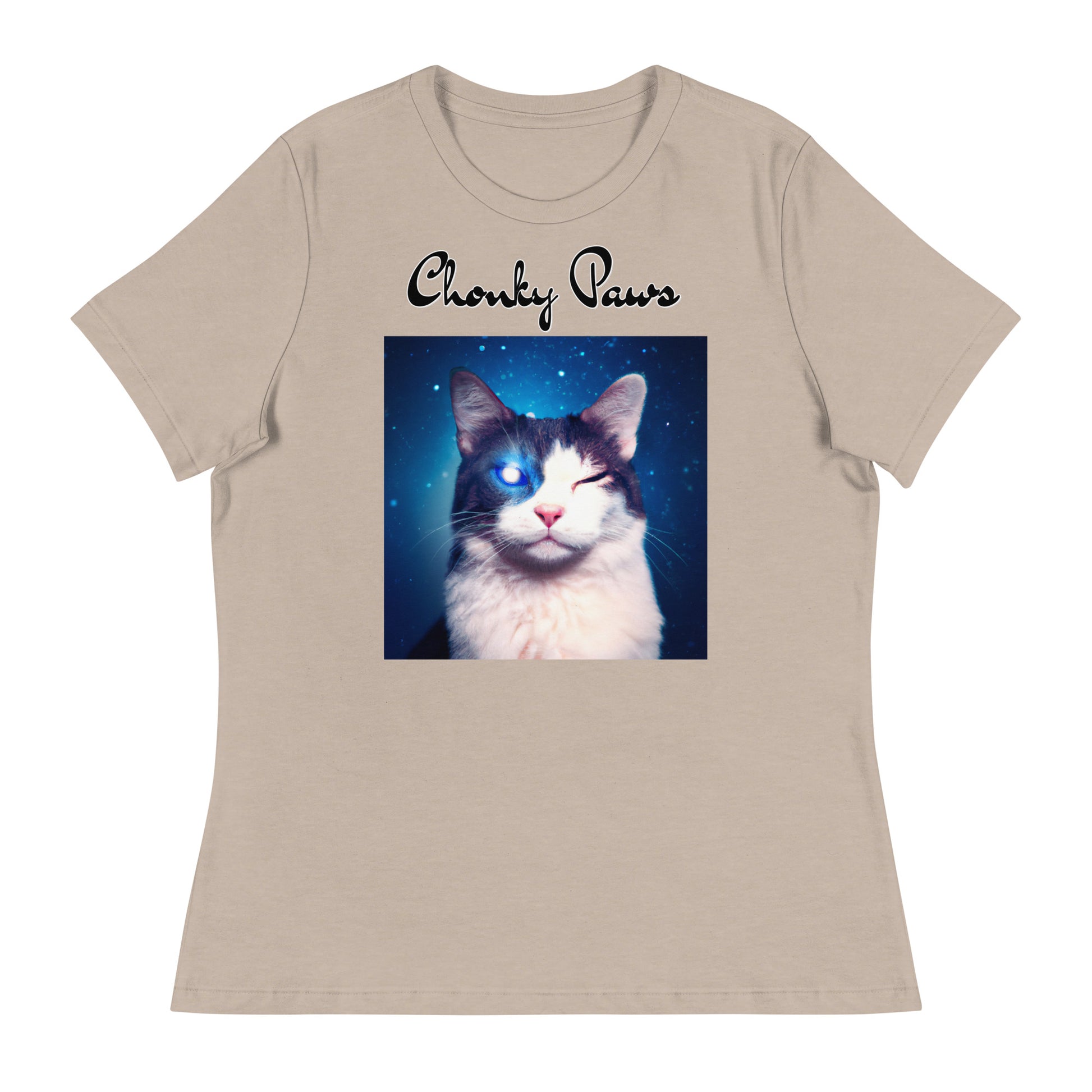 Women's T-Shirt with Galaxy Eyed Cat with a text "Chonky Paws" at $25.97 found at Personalizedpetlovergifts