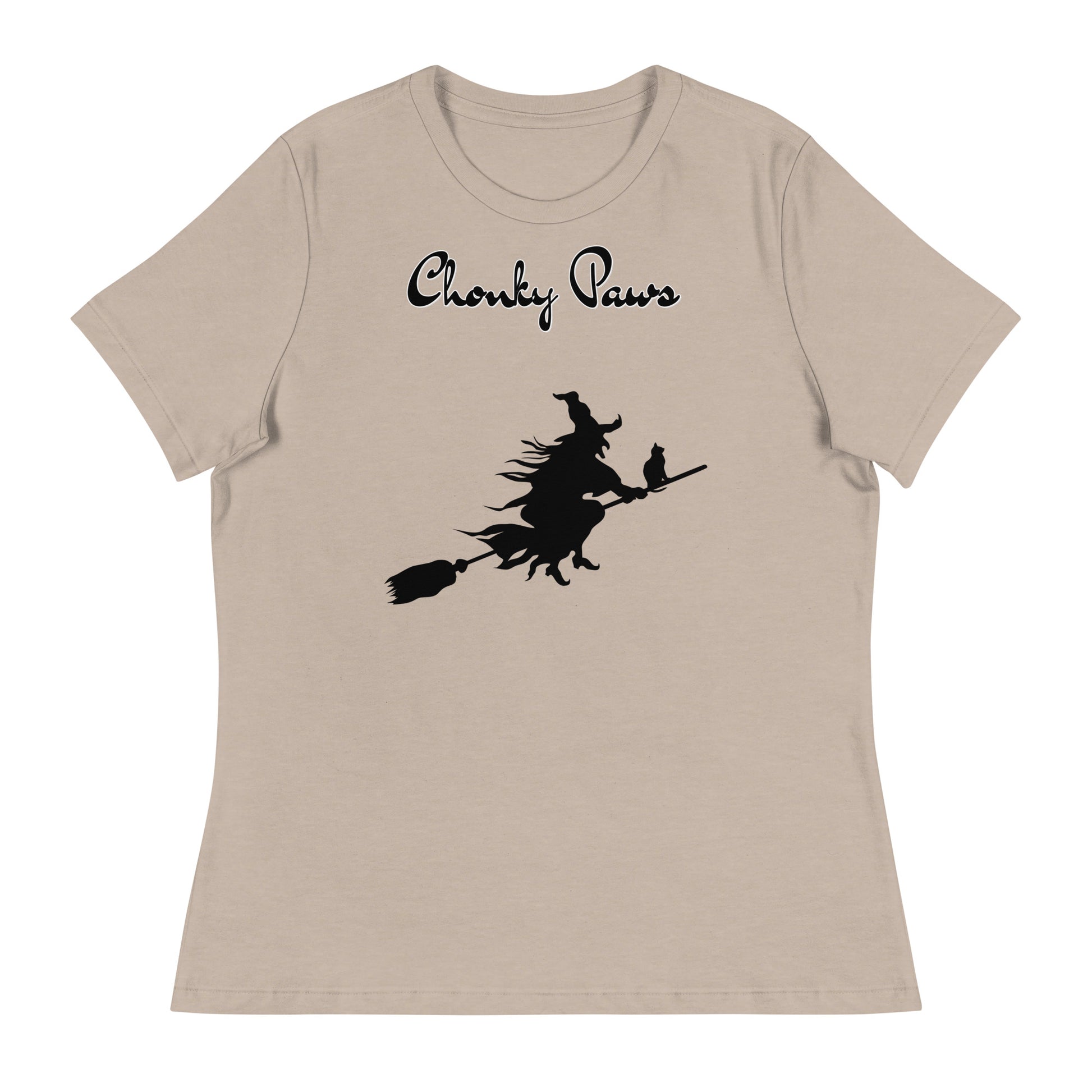 Women's T-Shirt with Flying Witch With Cat On a Broom with a text "Chonky Paws" at $25.97 found at Personalizedpetlovergifts