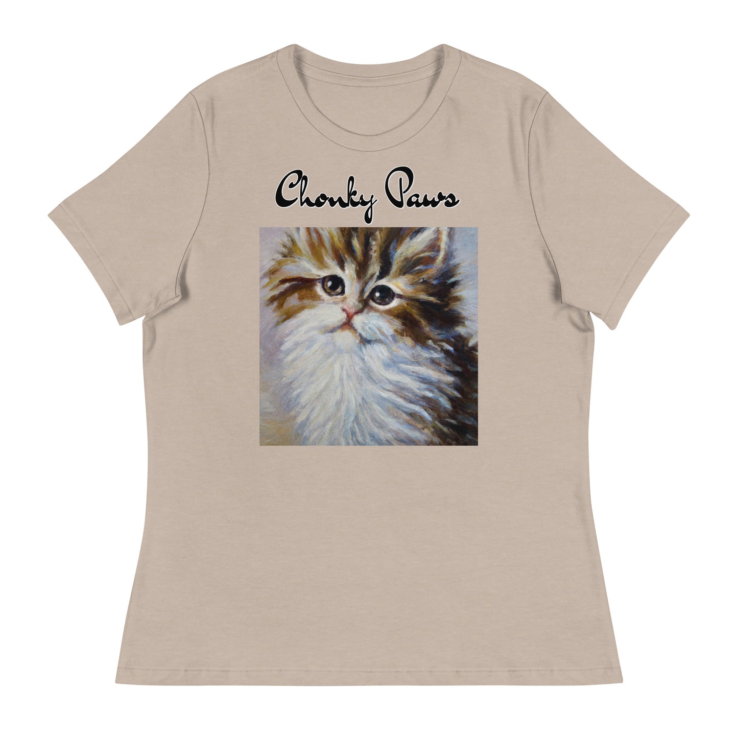 Women's T-Shirt with Fluffy Wispy Kitten Oil Painting with a text "Chonky Paws" at $25.97 found at Personalizedpetlovergifts