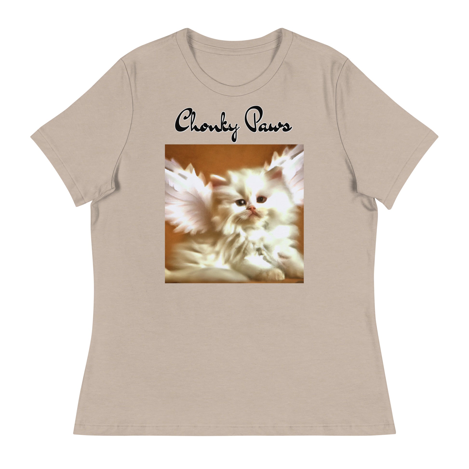 Women's T-Shirt with Fluffy White Kitten With Angel Wings with a text "Chonky Paws" at $25.97 found at Personalizedpetlovergifts