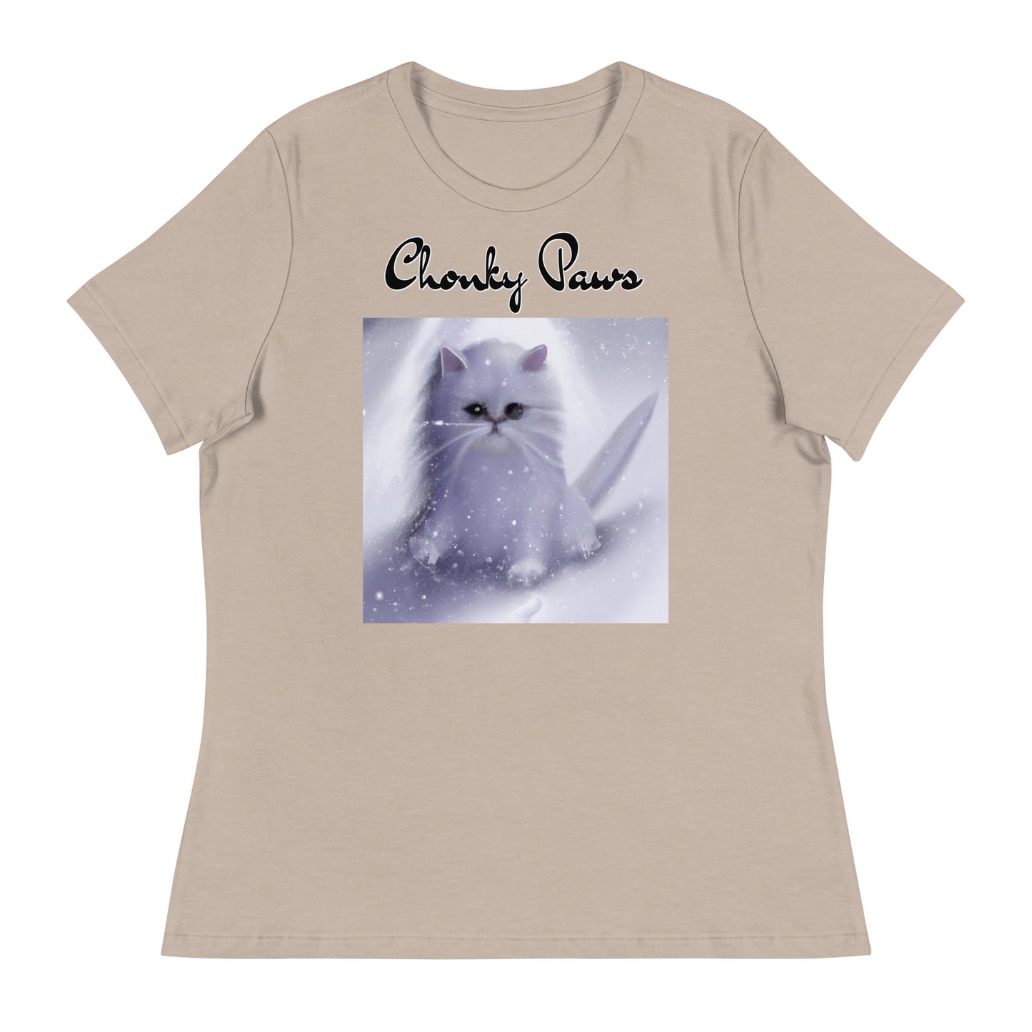 Women's T-Shirt with Fluffy White Kitten In The SNow with a text "Chonky Paws" at $25.97 found at Personalizedpetlovergifts