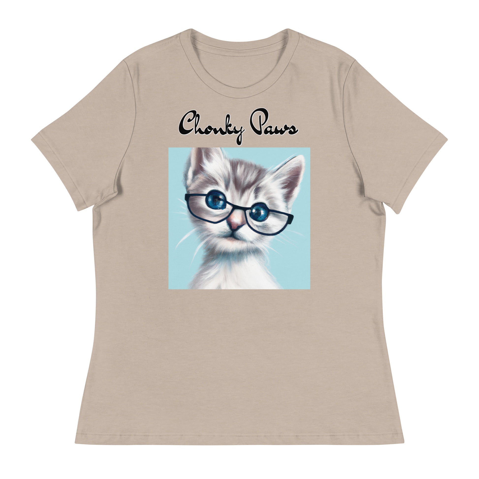 Women's T-Shirt with Fluffy Kitten With Glasses with a text "Chonky Paws" at $25.97 found at Personalizedpetlovergifts