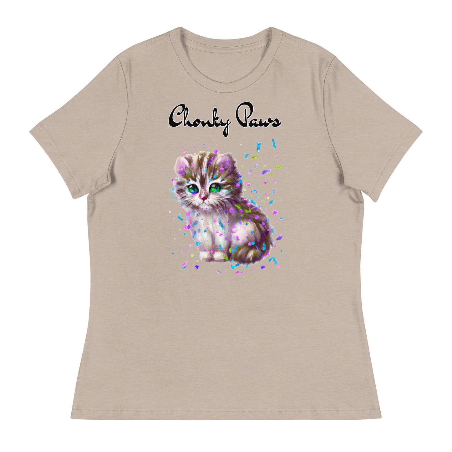 Women's T-Shirt with Fluffy Kitten With Confetti with a text "Chonky Paws" at $25.97 found at Personalizedpetlovergifts