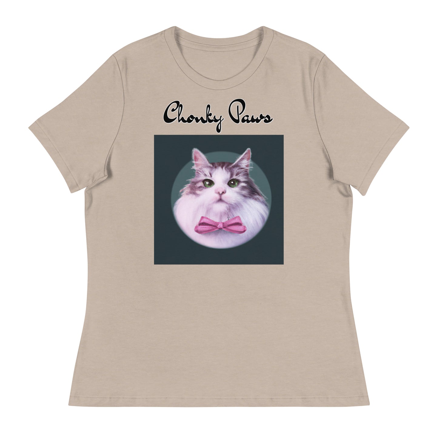 Women's T-Shirt with Fluffy Kitten With a Pink Bow with a text "Chonky Paws" at $25.97 found at Personalizedpetlovergifts