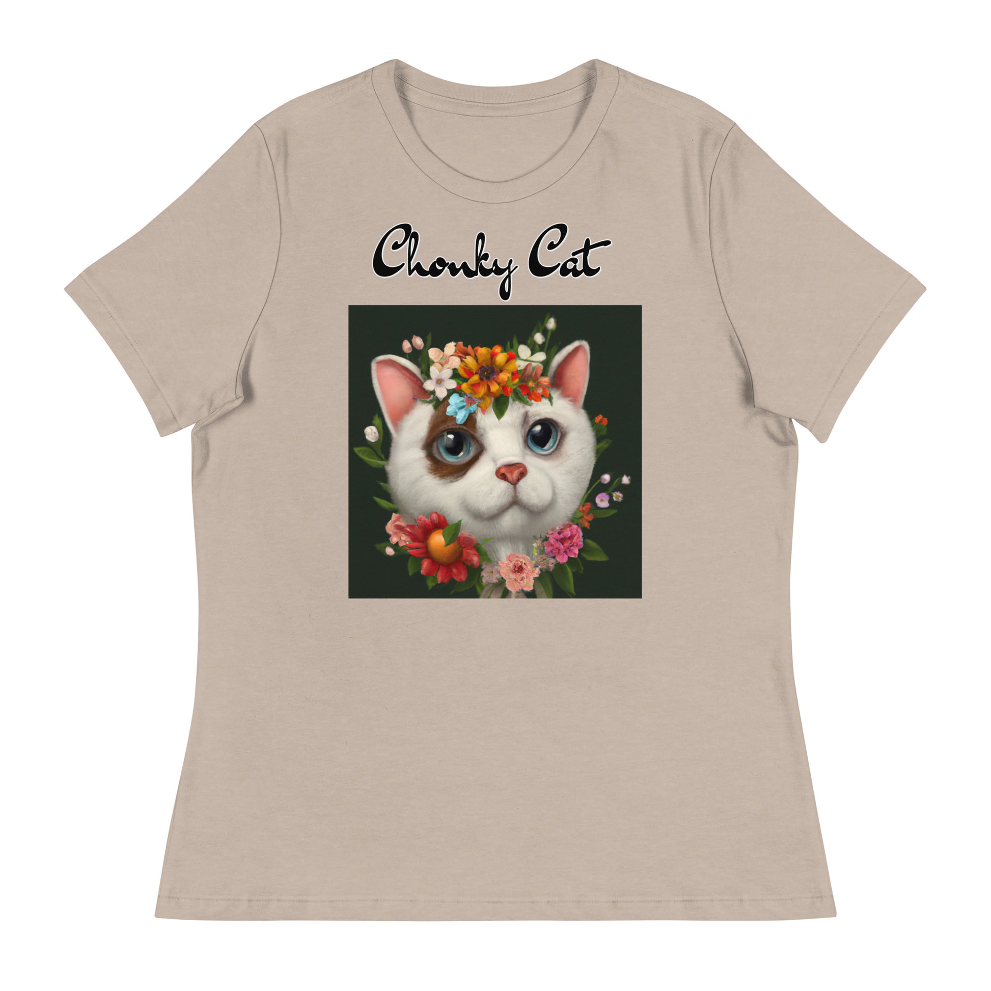 Women's T-Shirt with Happy Cat Portrait With Flowers with a text "Chonky Cat" at $25.97 found at Personalizedpetlovergifts