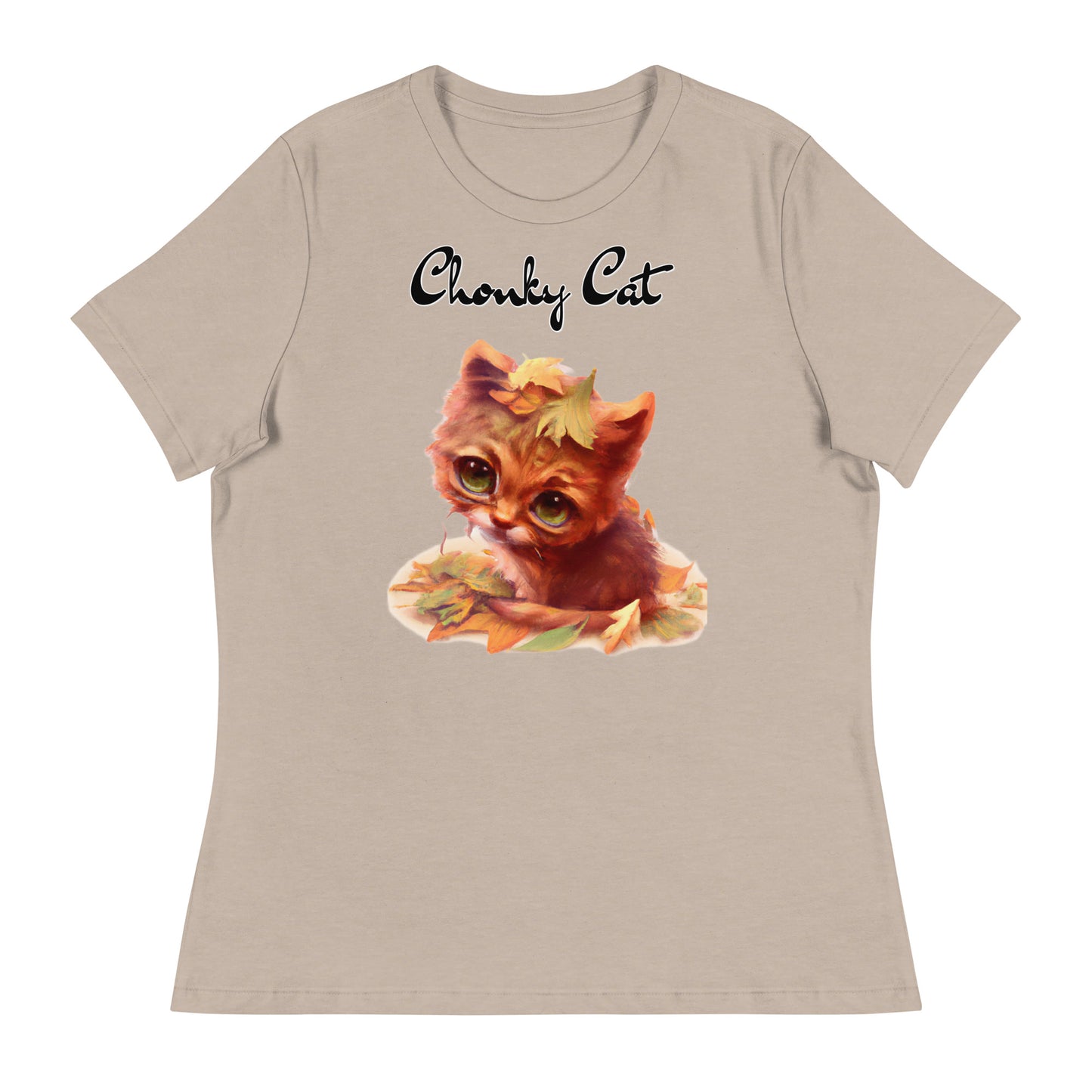 Women's T-Shirt with Ginger Cat With Autumn Leaves with a text "Chonky Cat" at $25.97 found at Personalizedpetlovergifts