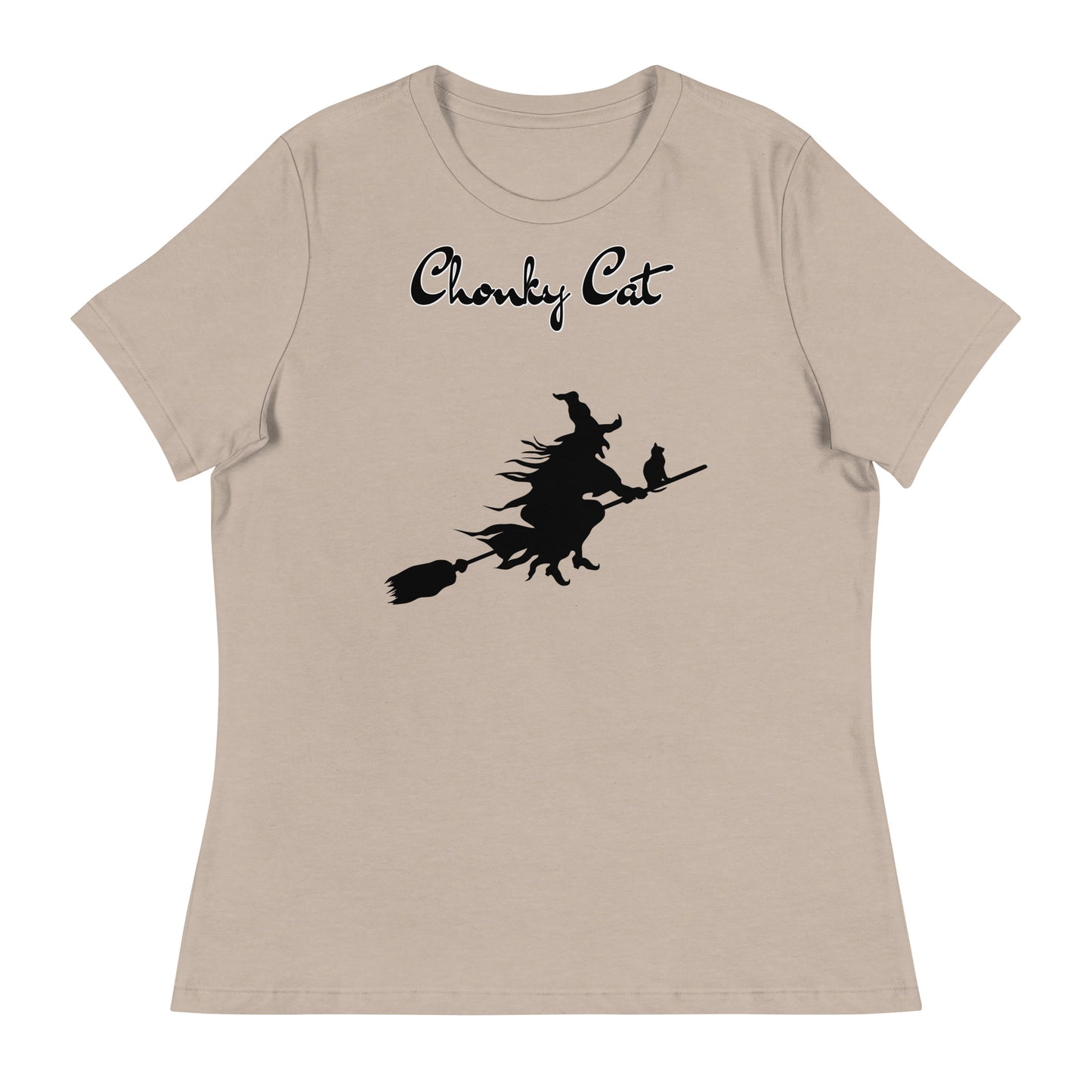 Women's T-Shirt with Flying Witch With Cat On a Broom with a text "Chonky Cat" at $25.97 found at Personalizedpetlovergifts