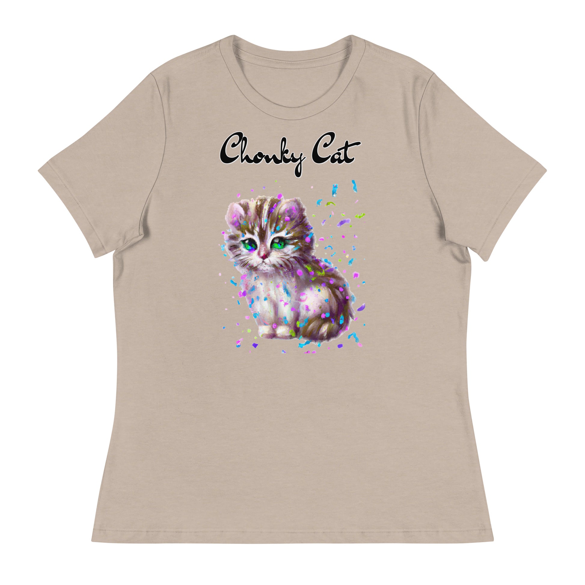 Women's T-Shirt with Fluffy Kitten With Confetti with a text "Chonky Cat" at $25.97 found at Personalizedpetlovergifts