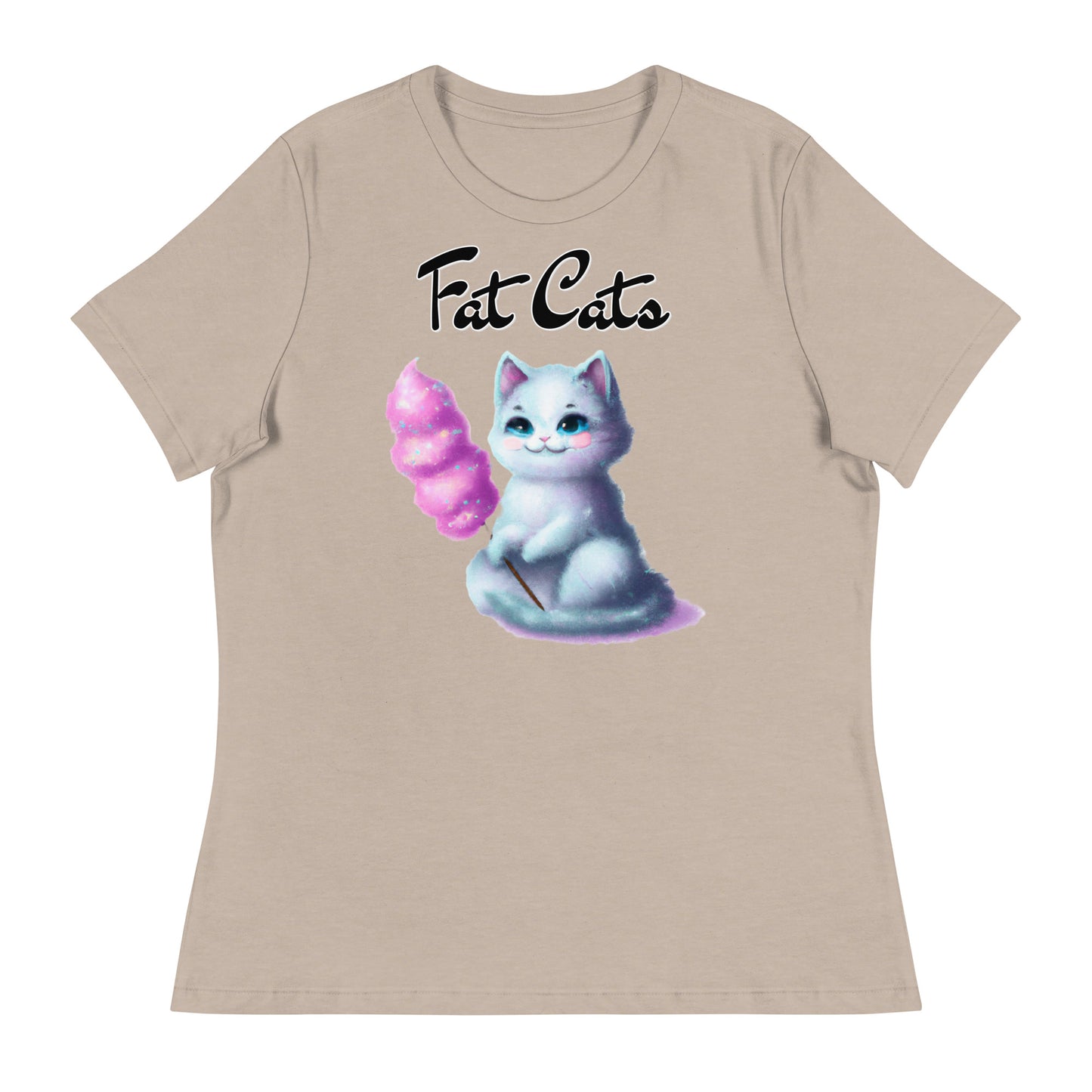 Women's T-Shirt with Kitten Holding A Cotton Candy with a text "Fat Cats" at $25.97 found at Personalizedpetlovergifts