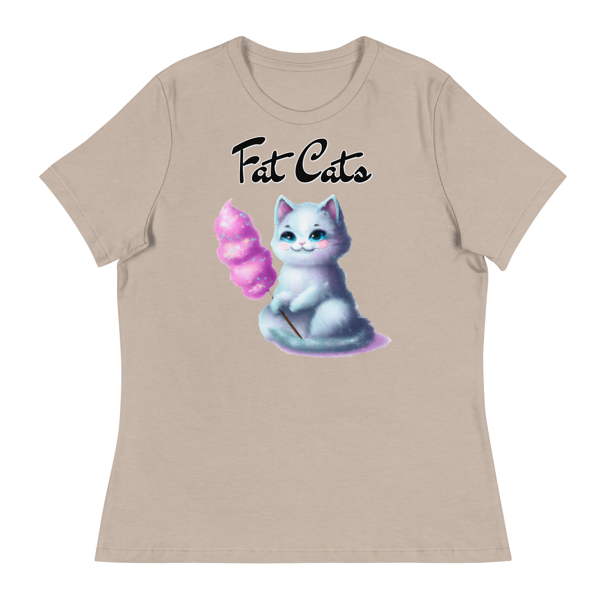 Women's T-Shirt with Kitten Holding A Cotton Candy with a text "Fat Cats" at $25.97 found at Personalizedpetlovergifts