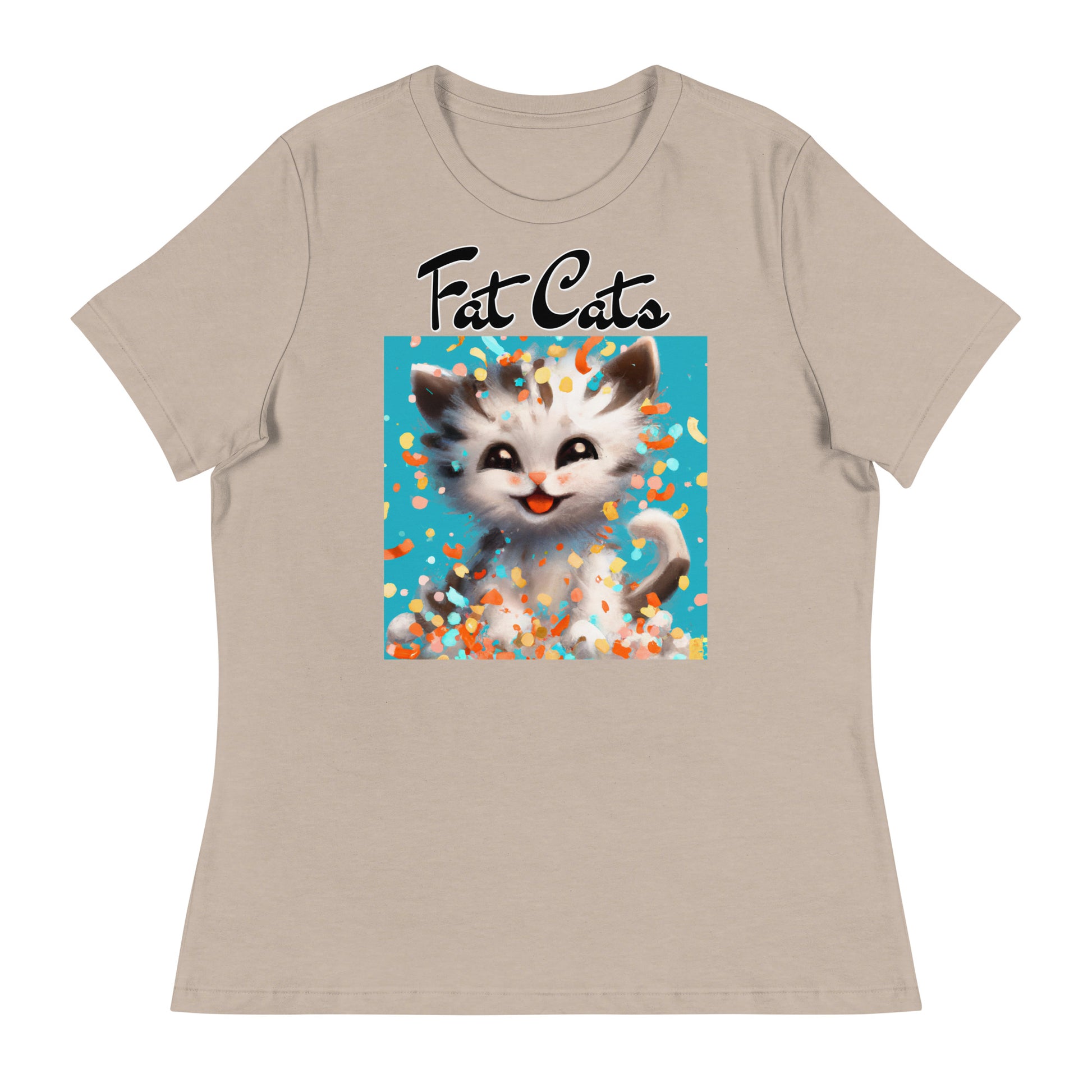 Women's T-Shirt with Happy Kitten With Confetti with a text "Fat Cats" at $25.97 found at Personalizedpetlovergifts