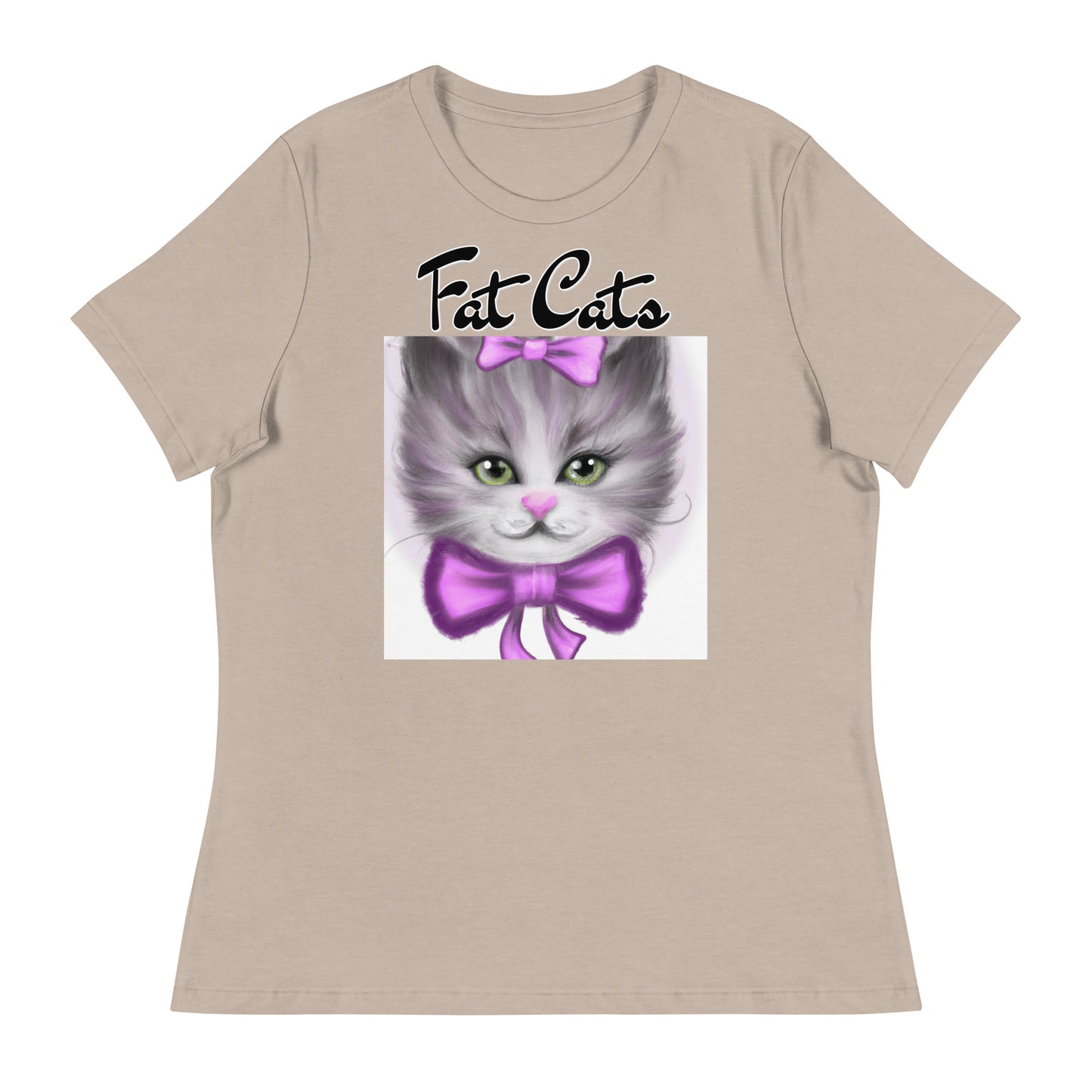 Women's T-Shirt with Happy Kitten With a Purple Bow with a text "Fat Cats" at $25.97 found at Personalizedpetlovergifts