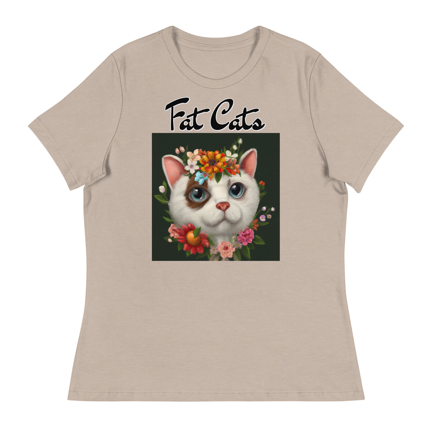 Women's T-Shirt with Happy Cat Portrait With Flowers with a text "Fat Cats" at $25.97 found at Personalizedpetlovergifts