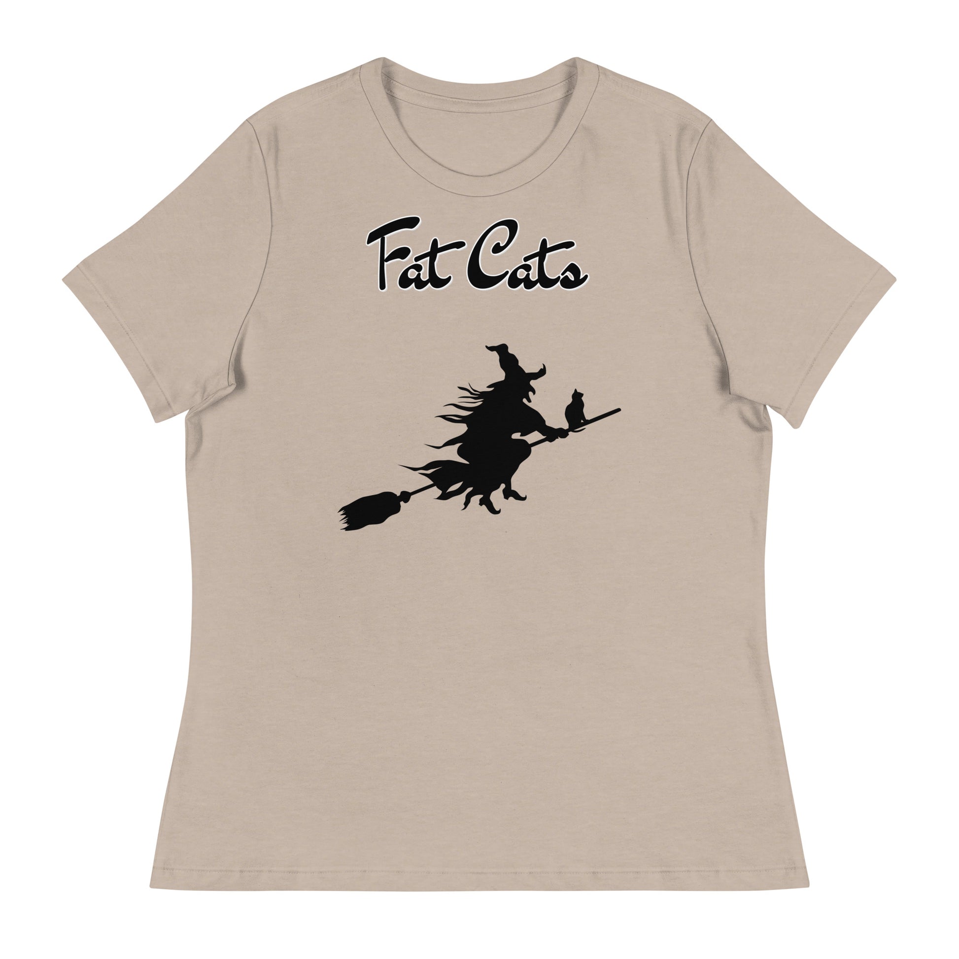 Women's T-Shirt with Flying Witch With Cat On a Broom with a text "Fat Cats" at $25.97 found at Personalizedpetlovergifts