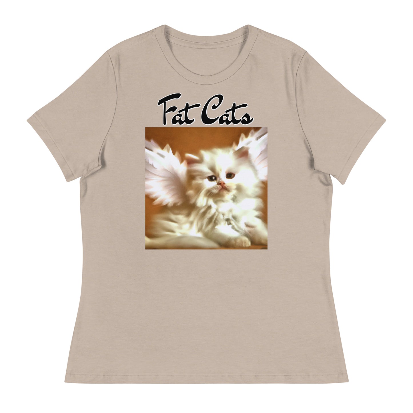 Women's T-Shirt with Fluffy White Kitten With Angel Wings with a text "Fat Cats" at $25.97 found at Personalizedpetlovergifts