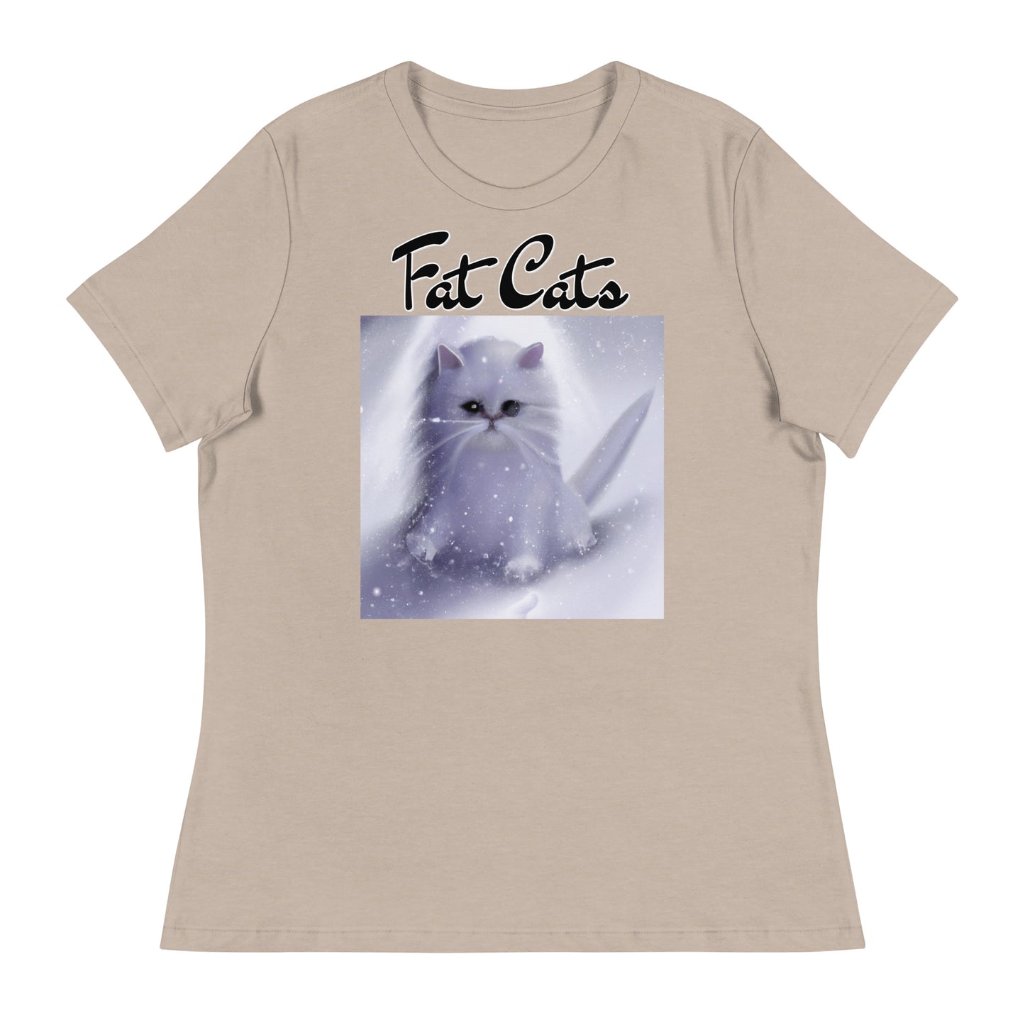 Women's T-Shirt with Fluffy White Kitten In The SNow with a text "Fat Cats" at $25.97 found at Personalizedpetlovergifts