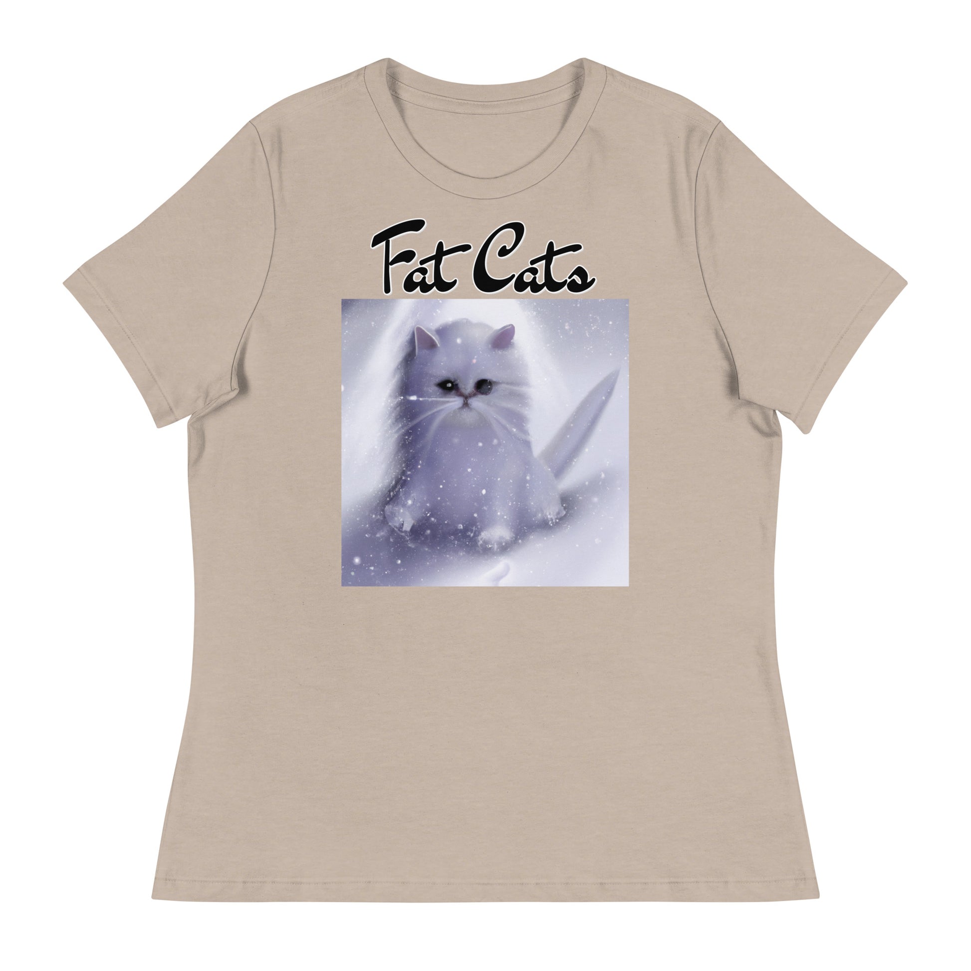 Women's T-Shirt with Fluffy White Kitten In The SNow with a text "Fat Cats" at $25.97 found at Personalizedpetlovergifts