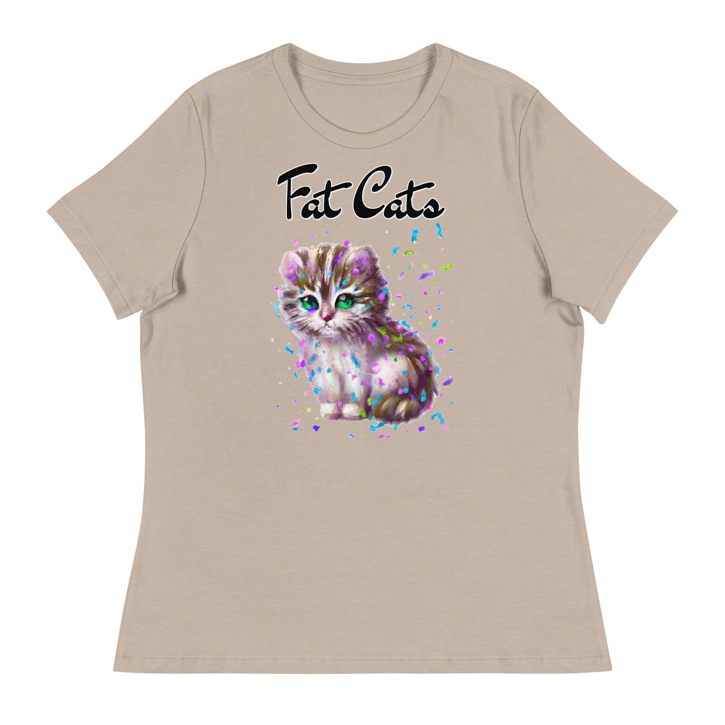 Women's T-Shirt with Fluffy Kitten With Confetti with a text "Fat Cats" at $25.97 found at Personalizedpetlovergifts