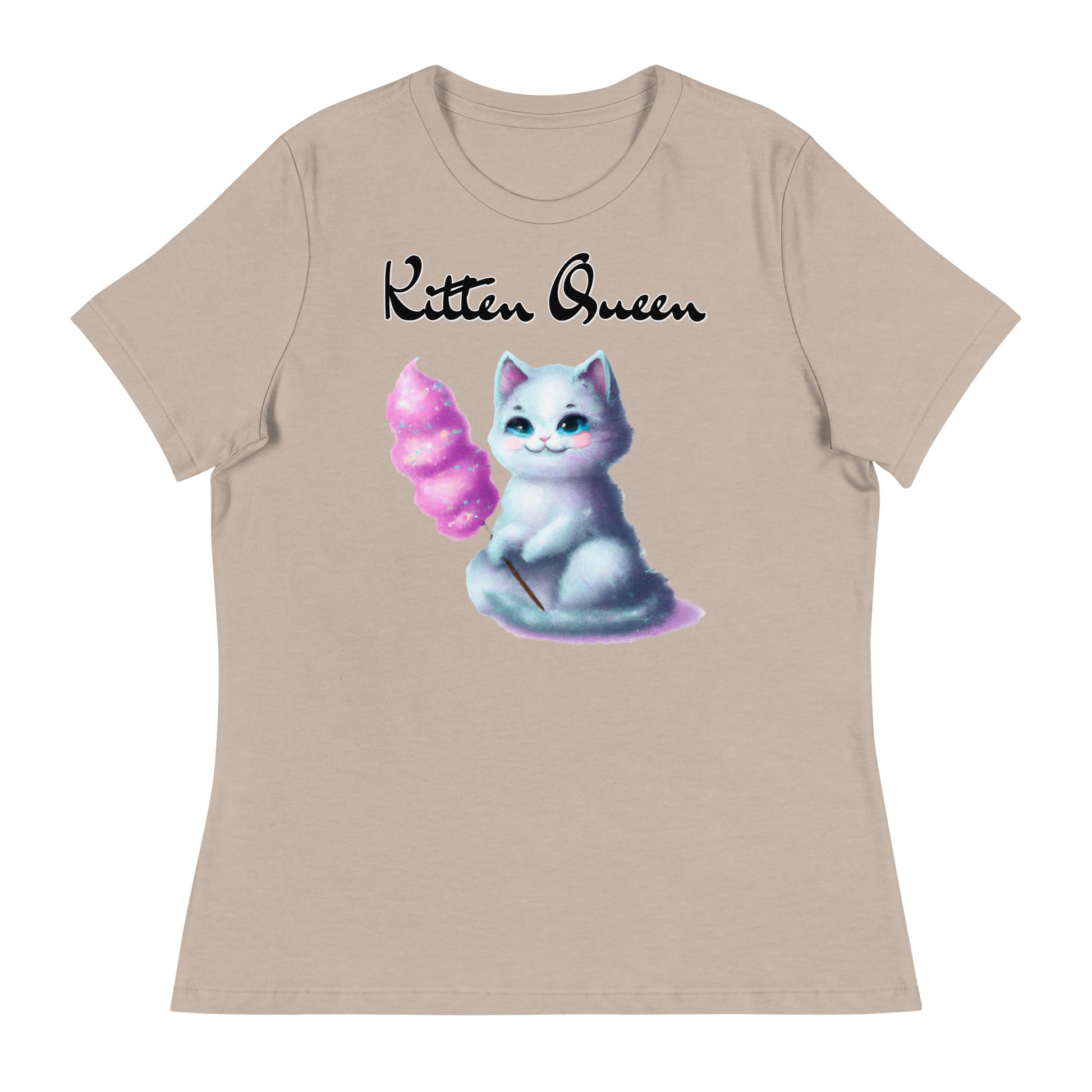 Women's T-Shirt with Kitten Holding A Cotton Candy with a text "Kitten Queen" at $25.97 found at Personalizedpetlovergifts