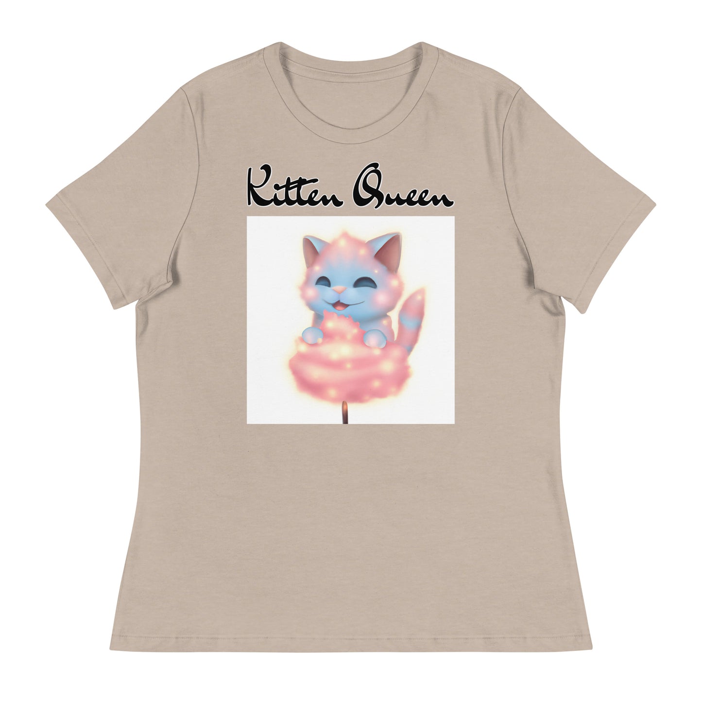 Women's T-Shirt with Kitten Enjoying a Cotton Candy with a text "Kitten Queen" at $25.97 found at Personalizedpetlovergifts