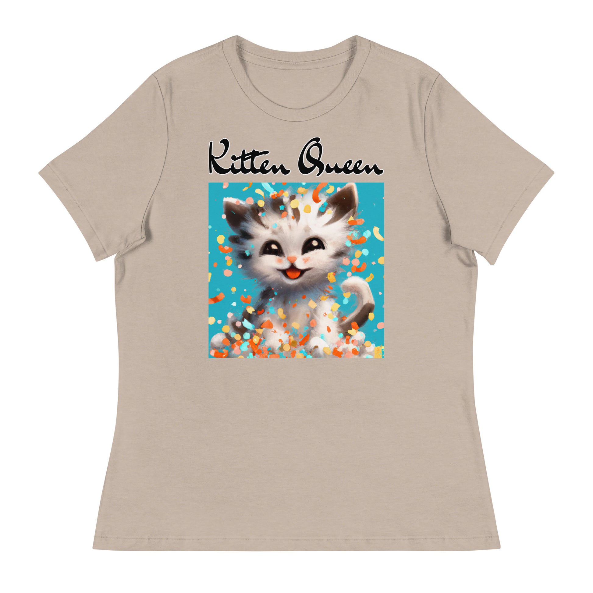 Women's T-Shirt with Happy Kitten With Confetti with a text "Kitten Queen" at $25.97 found at Personalizedpetlovergifts