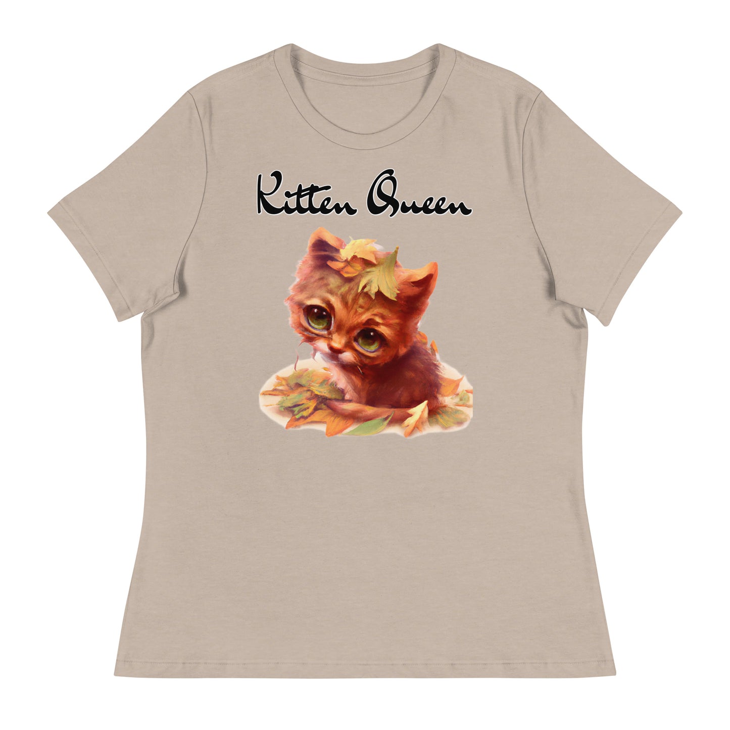 Women's T-Shirt with Ginger Cat With Autumn Leaves with a text "Kitten Queen" at $25.97 found at Personalizedpetlovergifts