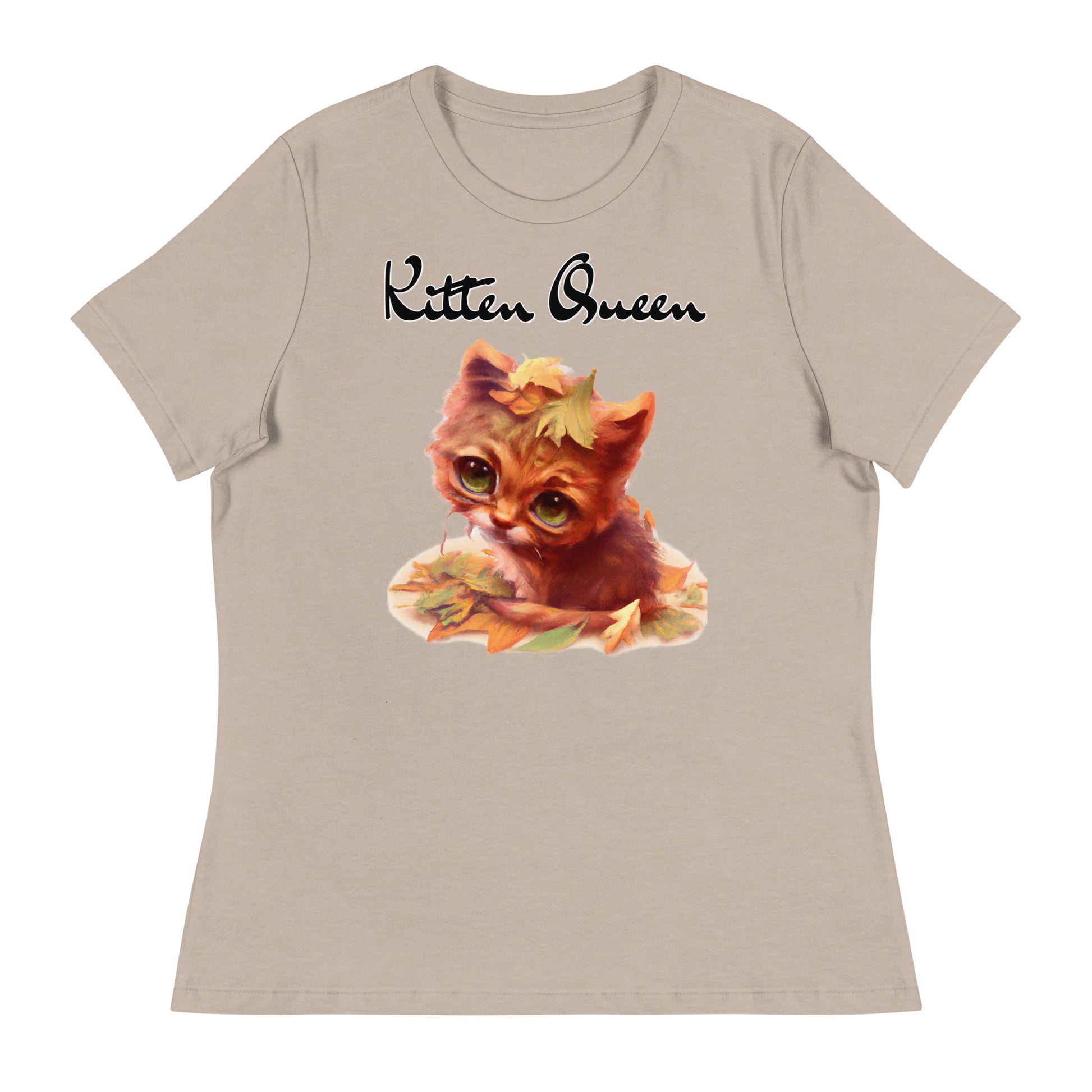 Women's T-Shirt with Ginger Cat With Autumn Leaves with a text "Kitten Queen" at $25.97 found at Personalizedpetlovergifts