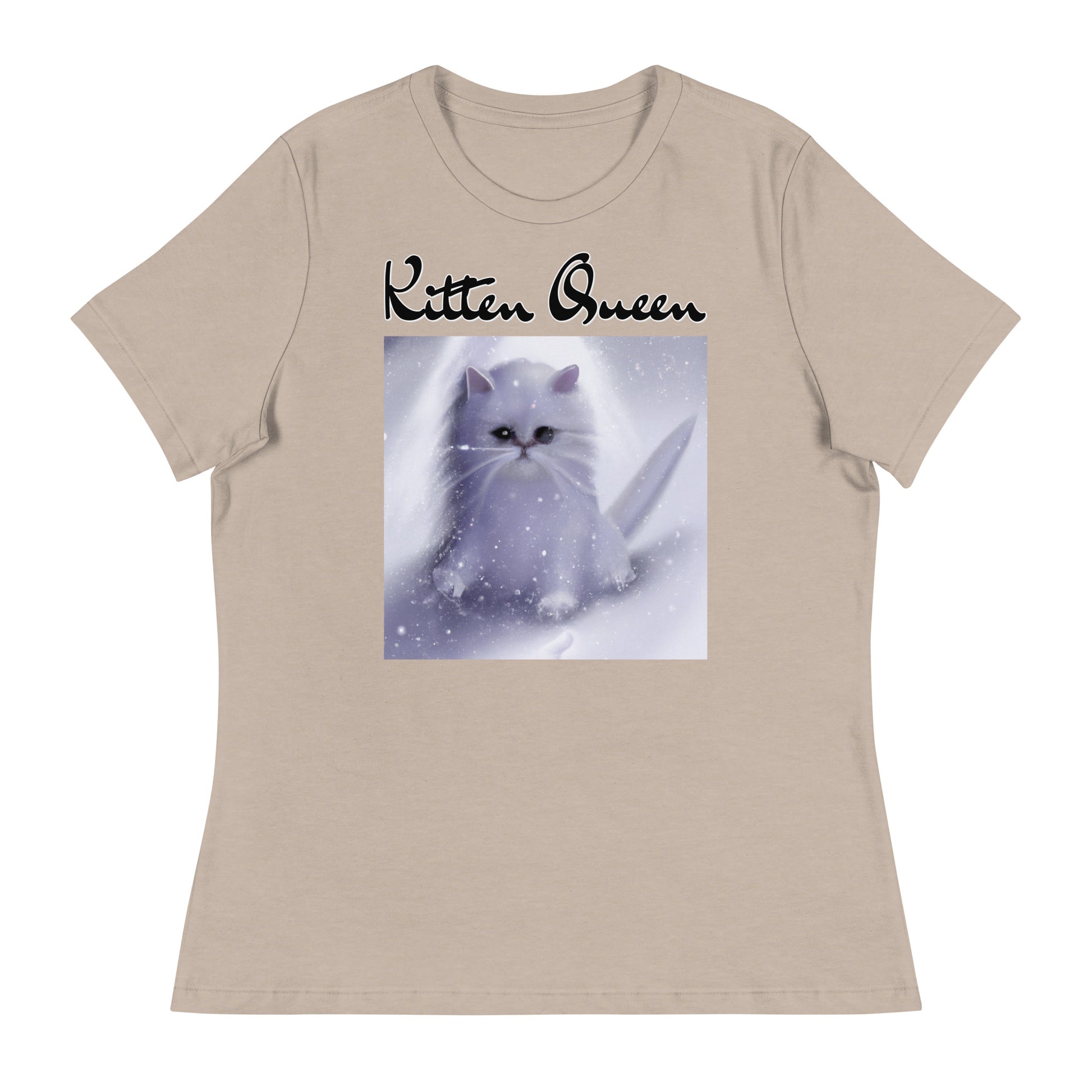 Women's T-Shirt with Fluffy White Kitten In The SNow with a text "Kitten Queen" at $25.97 found at Personalizedpetlovergifts