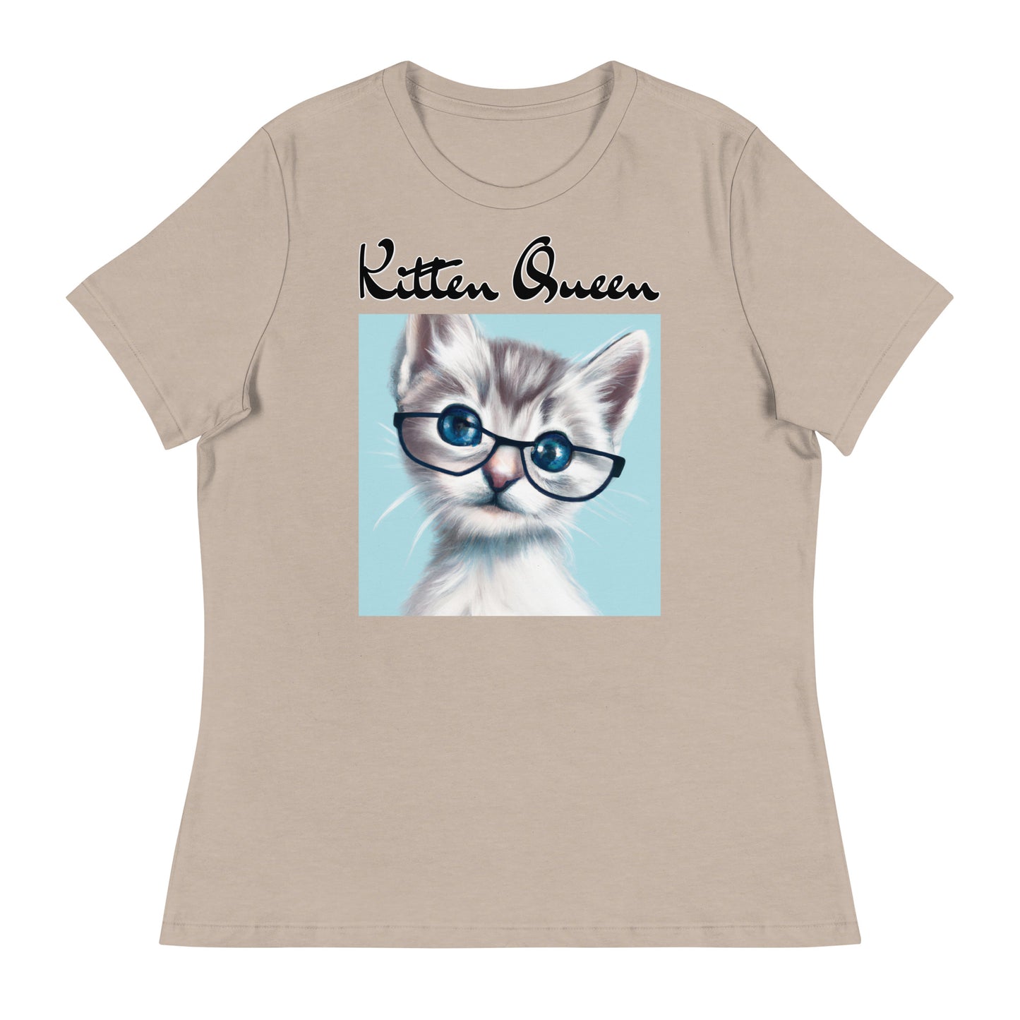 Women's T-Shirt with Fluffy Kitten With Glasses with a text "Kitten Queen" at $25.97 found at Personalizedpetlovergifts