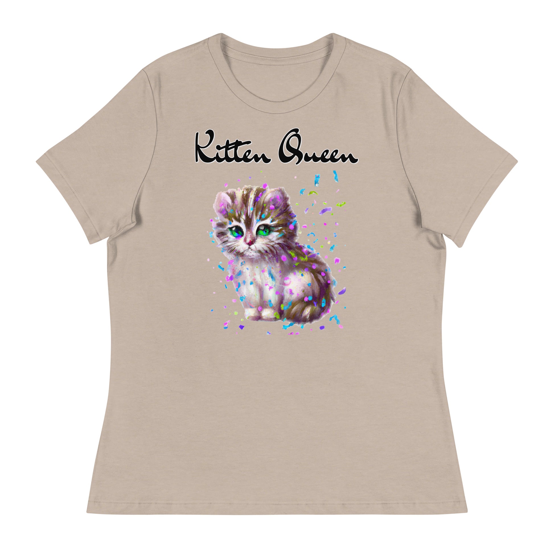 Women's T-Shirt with Fluffy Kitten With Confetti with a text "Kitten Queen" at $25.97 found at Personalizedpetlovergifts