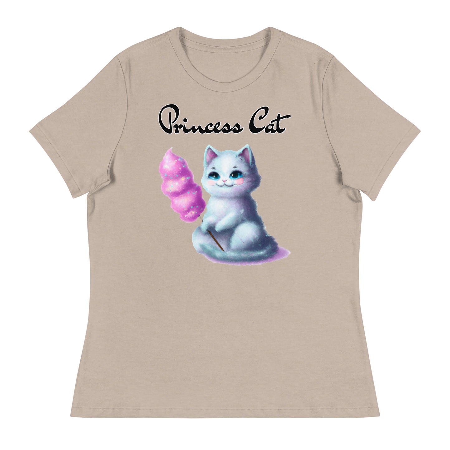 Women's T-Shirt with Kitten Holding A Cotton Candy with a text "Princess Cat" at $25.97 found at Personalizedpetlovergifts