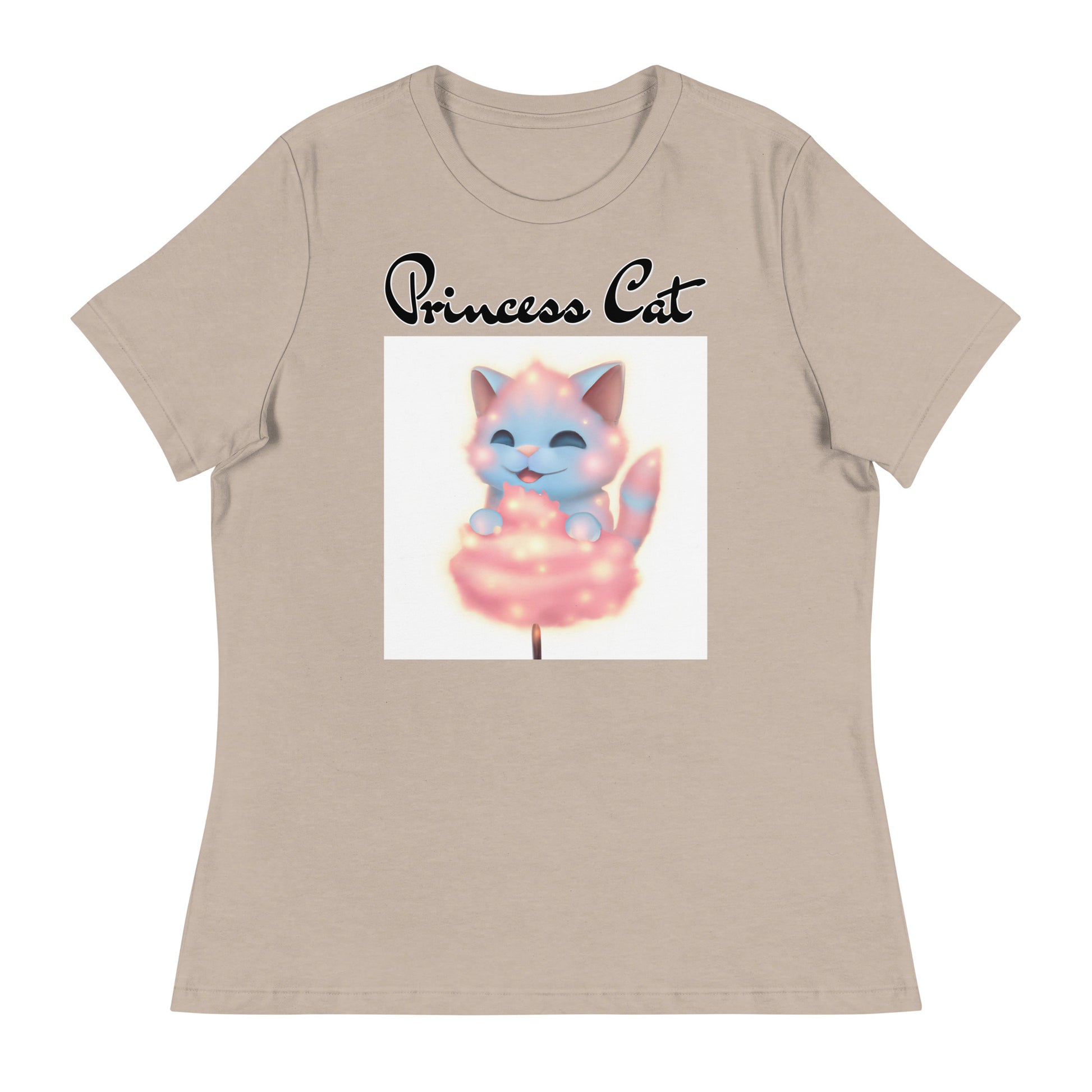 Women's T-Shirt with Kitten Enjoying a Cotton Candy with a text "Princess Cat" at $25.97 found at Personalizedpetlovergifts