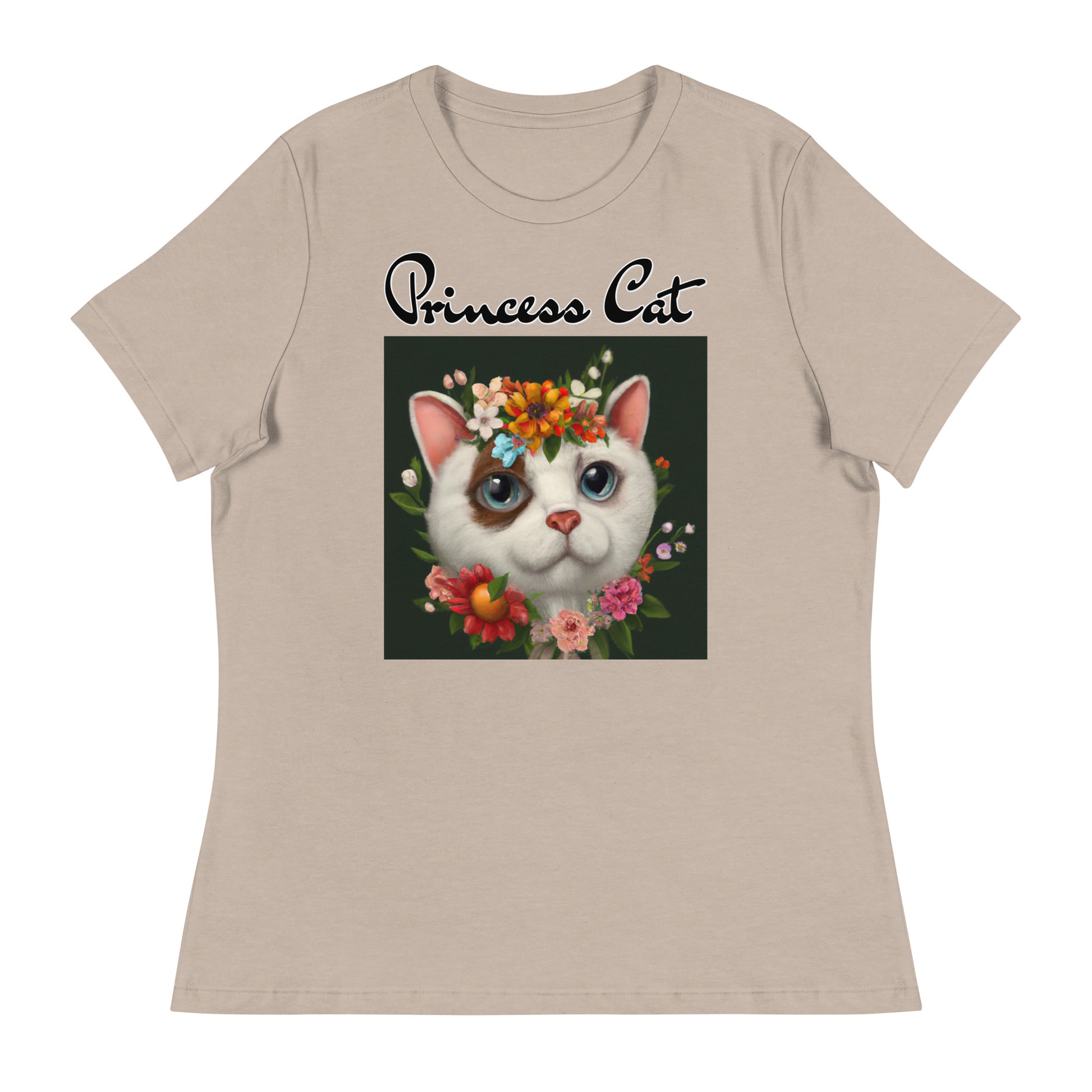 Women's T-Shirt with Happy Cat Portrait With Flowers with a text "Princess Cat" at $25.97 found at Personalizedpetlovergifts