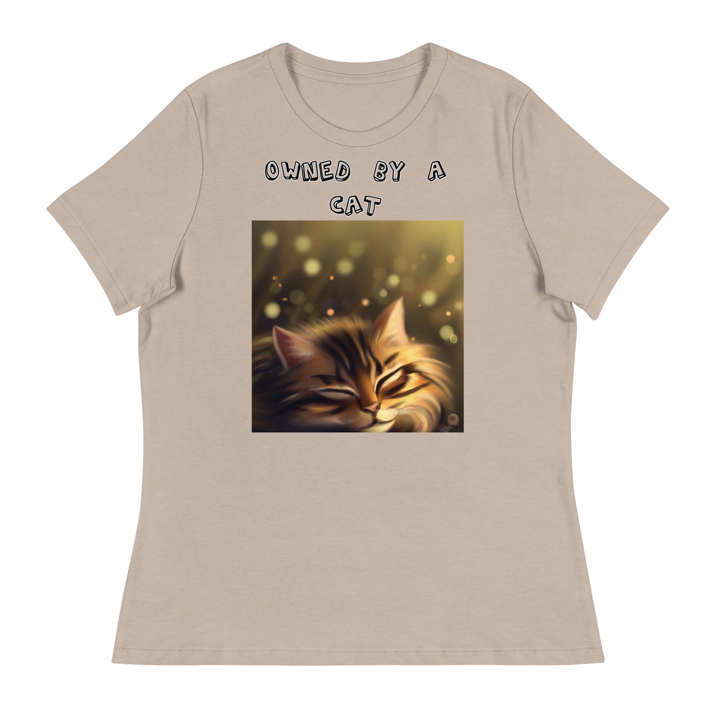 Women's White T-Shirt with Sleepy Cat with a text "Owned by a Cat" at $25.97 found at Personalizedpetlovergifts