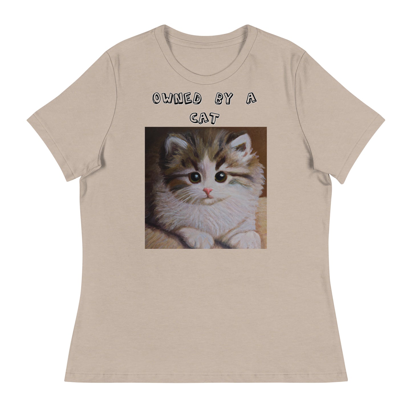 Women's White T-Shirt with Small Fluffy Kitten Painting with a text "Owned by a Cat" at $25.97 found at Personalizedpetlovergifts