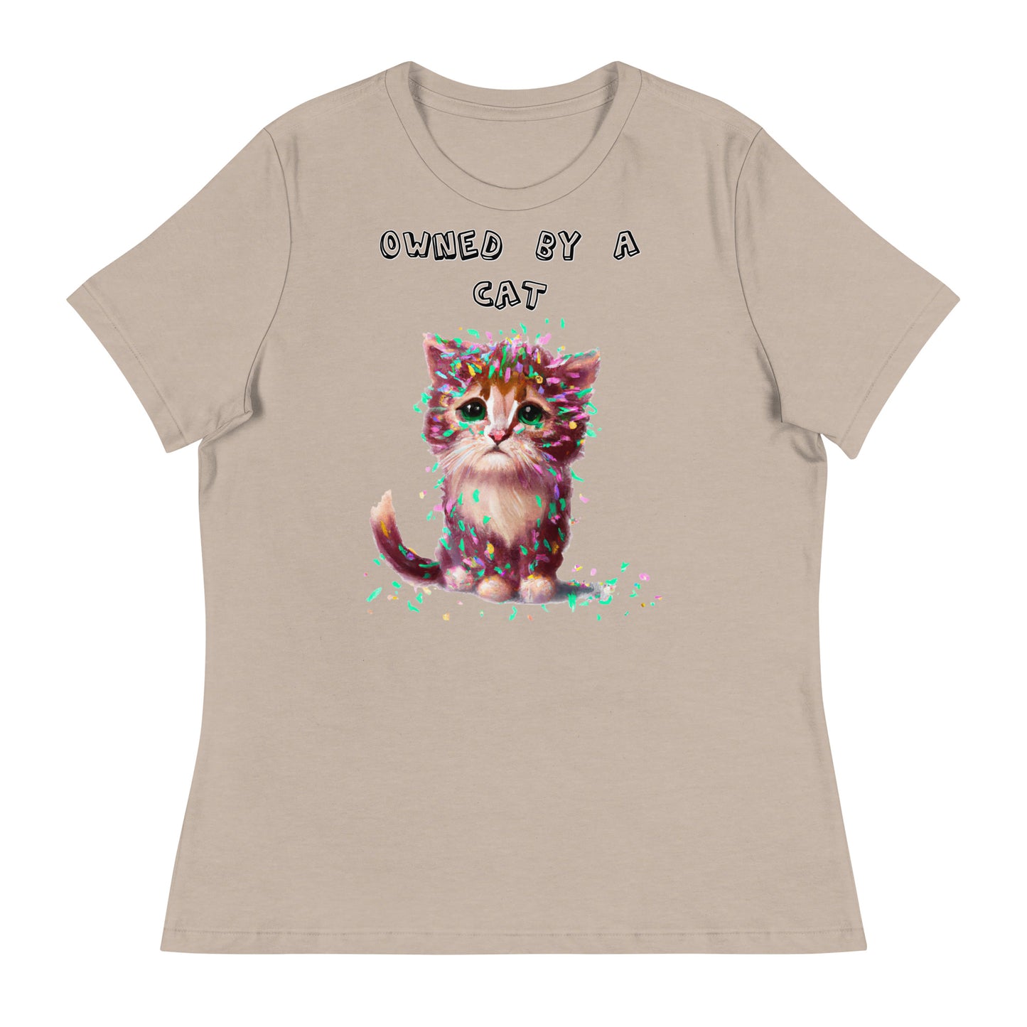 Women's White T-Shirt with Sad Kitten Covered In Confetti with a text "Owned by a Cat" at $25.97 found at Personalizedpetlovergifts