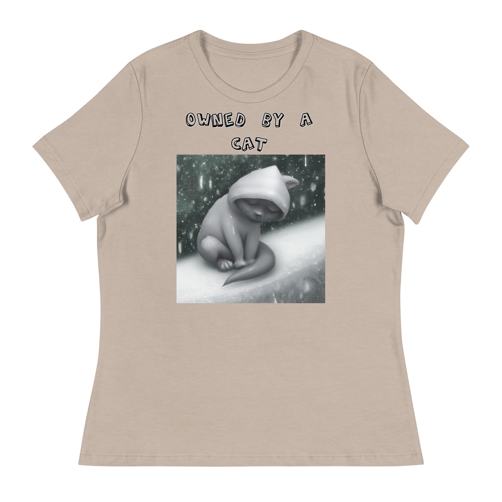 Women's White T-Shirt with Sad Cold Kitten In The Snow with a text "Owned by a Cat" at $25.97 found at Personalizedpetlovergifts