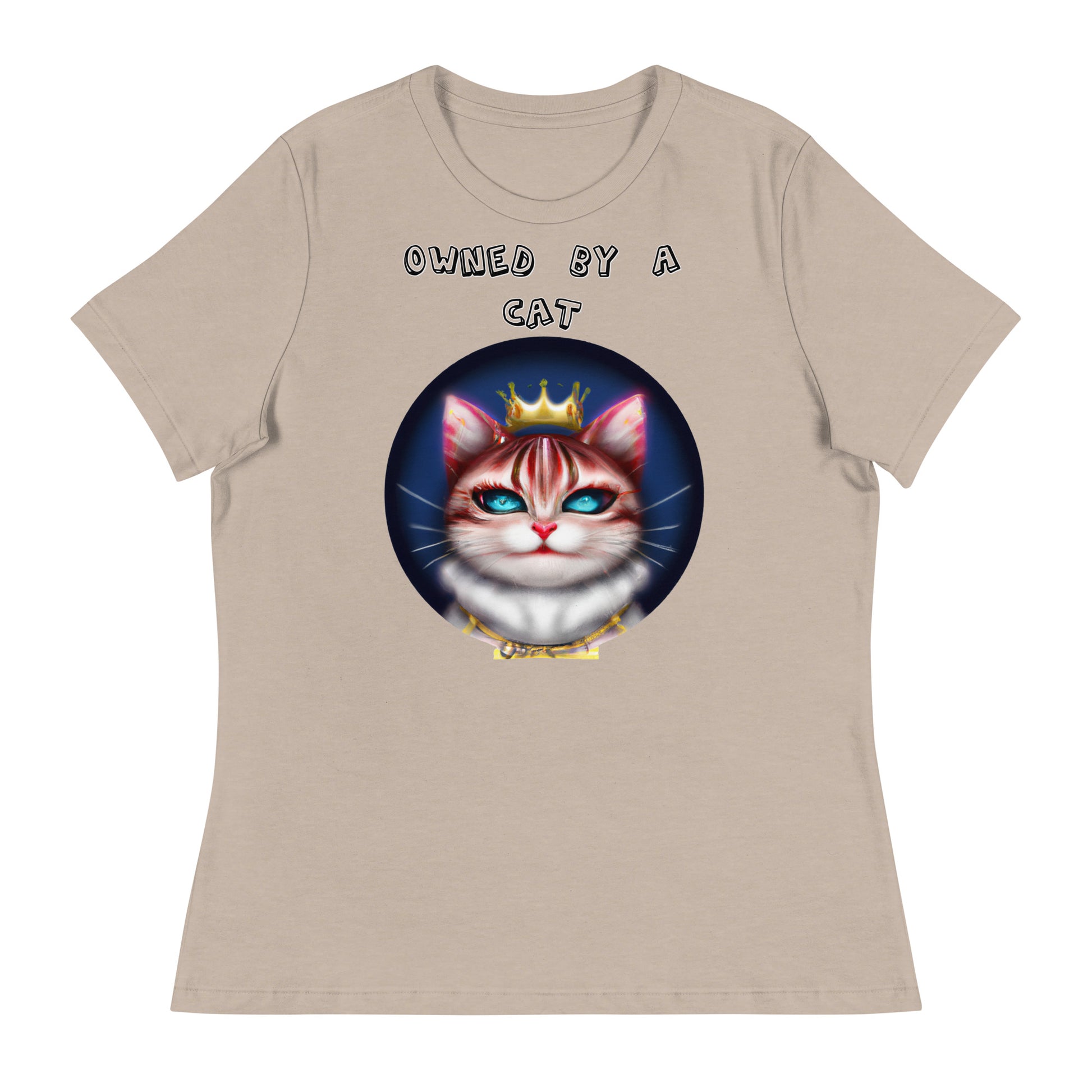 Women's White T-Shirt with Queen Kitten In a Circle with a text "Owned by a Cat" at $25.97 found at Personalizedpetlovergifts