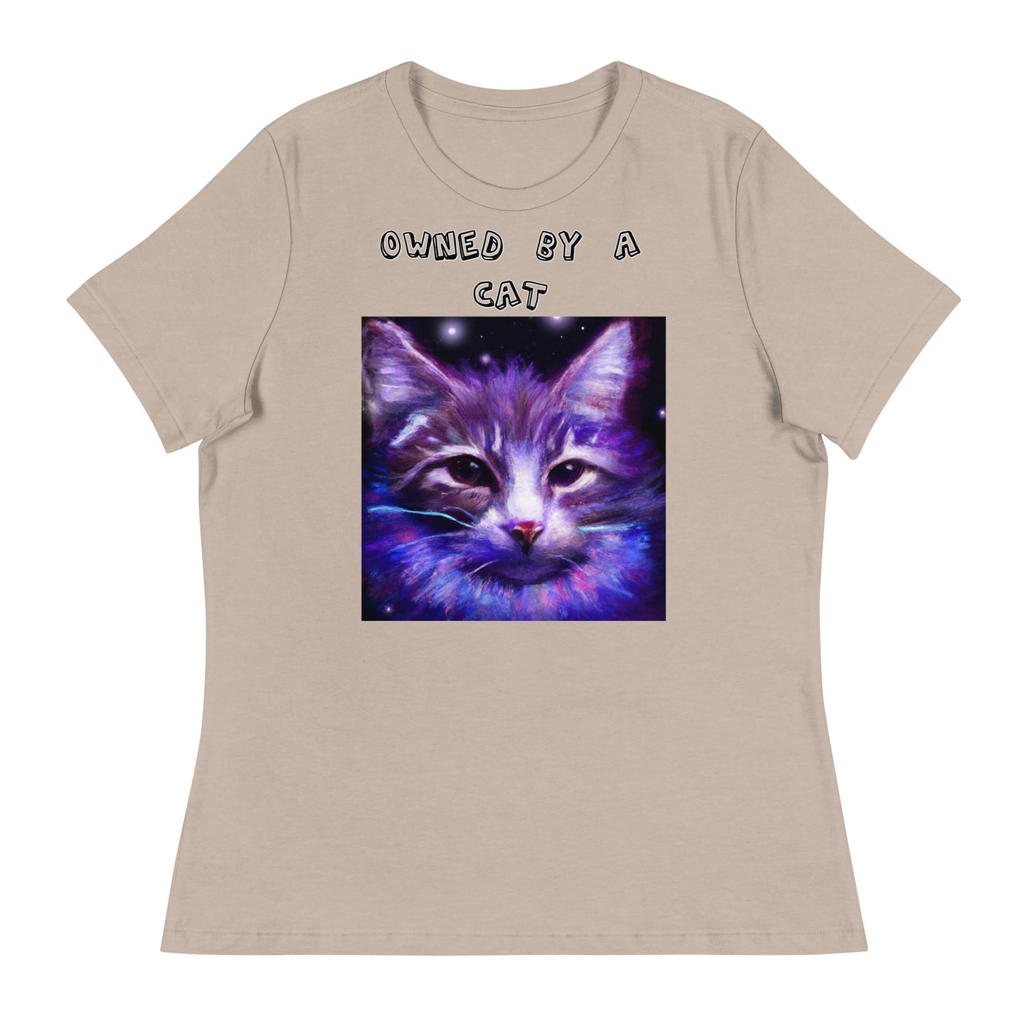 Women's White T-Shirt with Purple Space Cat with a text "Owned by a Cat" at $25.97 found at Personalizedpetlovergifts